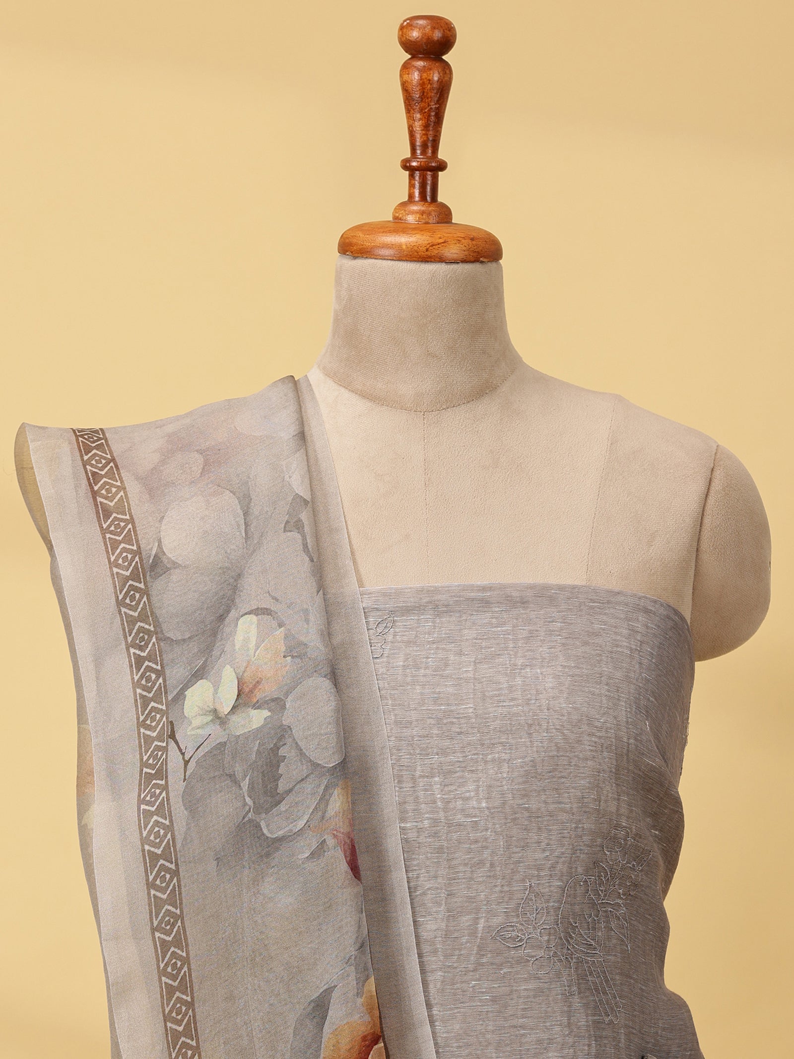 Pure Linen Silk Dress Material Set with Bird & Floral Appliqué