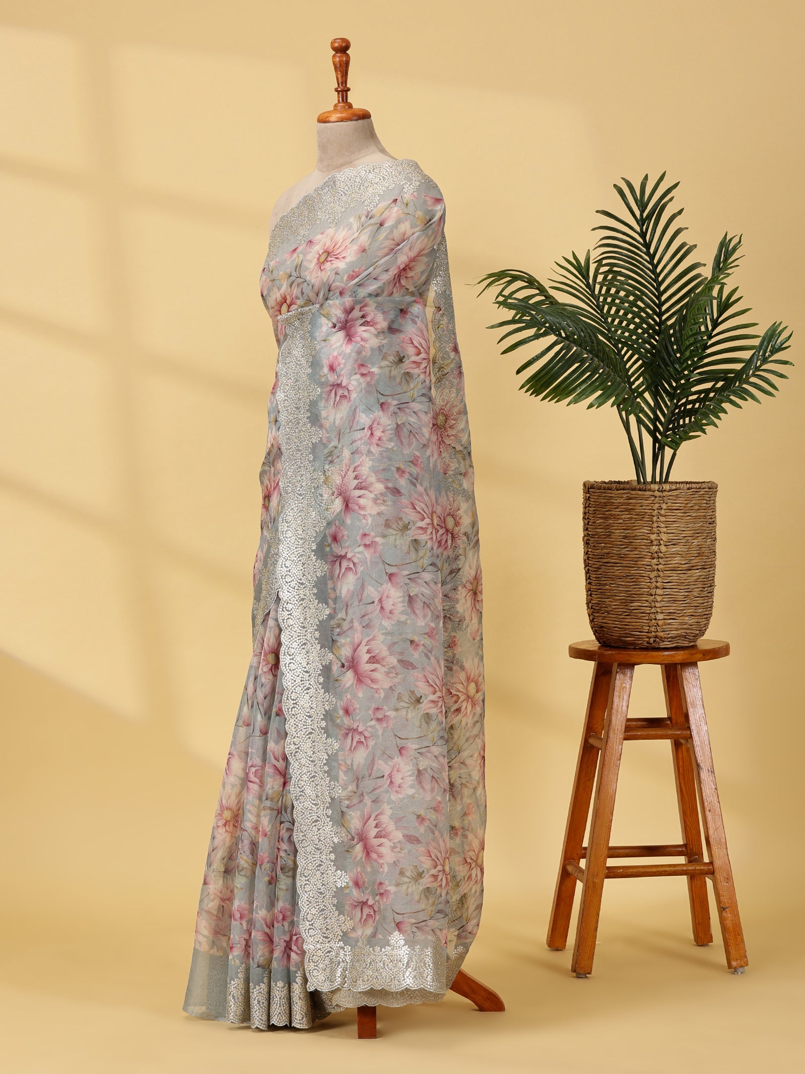 Blush Bloom Floral Organza Silk Saree with Embroidered Border