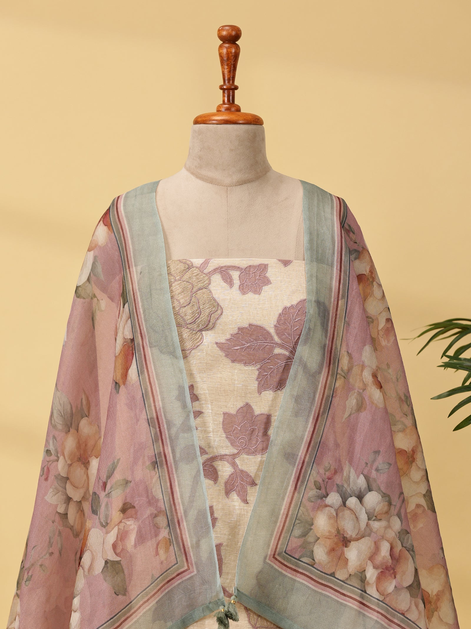 Pure Chanderi Silk Dress Material Set with Rose Appliqué & Digital Print Dupatta