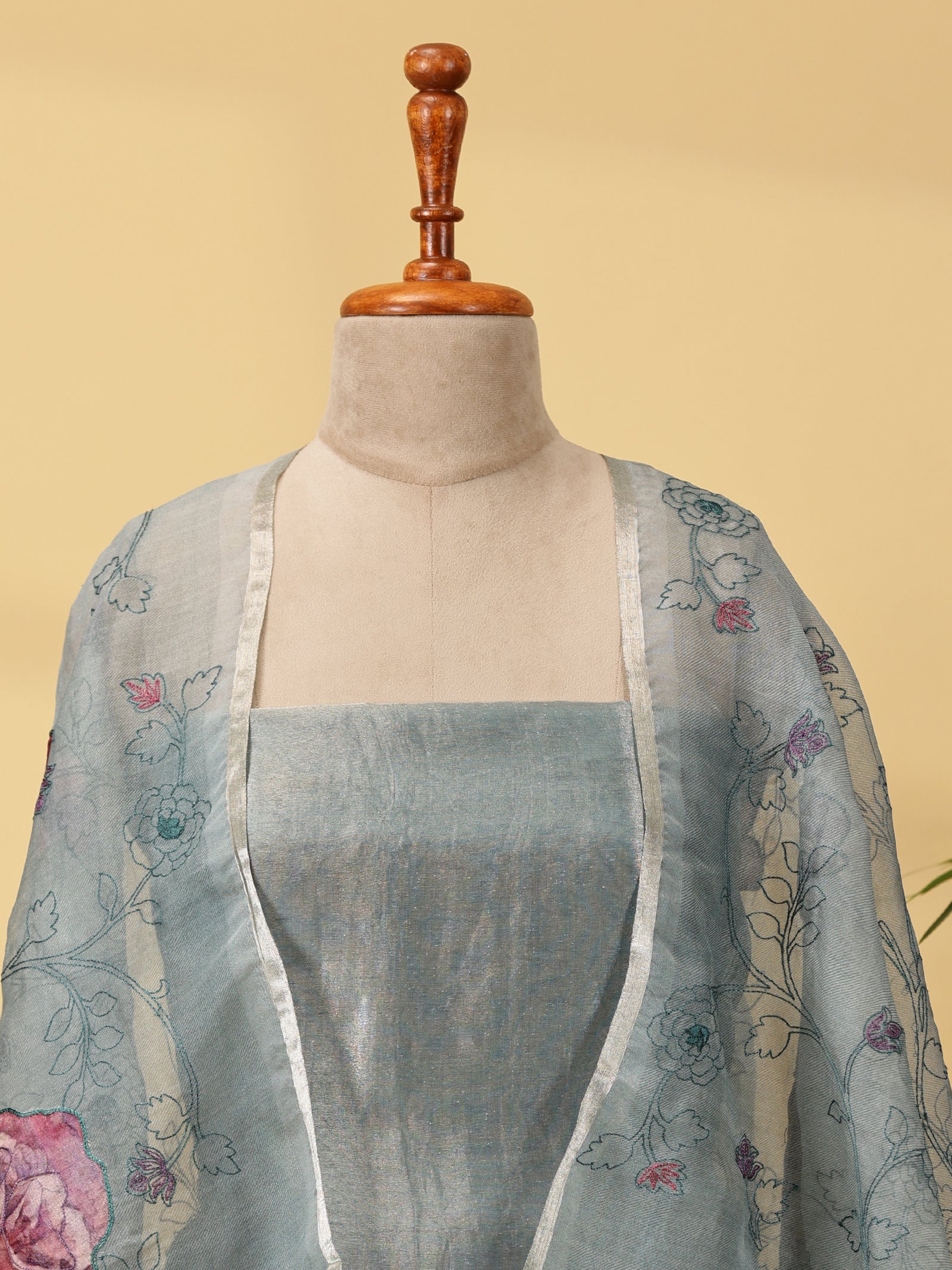 Tissue Silk Dress Material Set with Appliqué & Embroidered Organza Dupatta