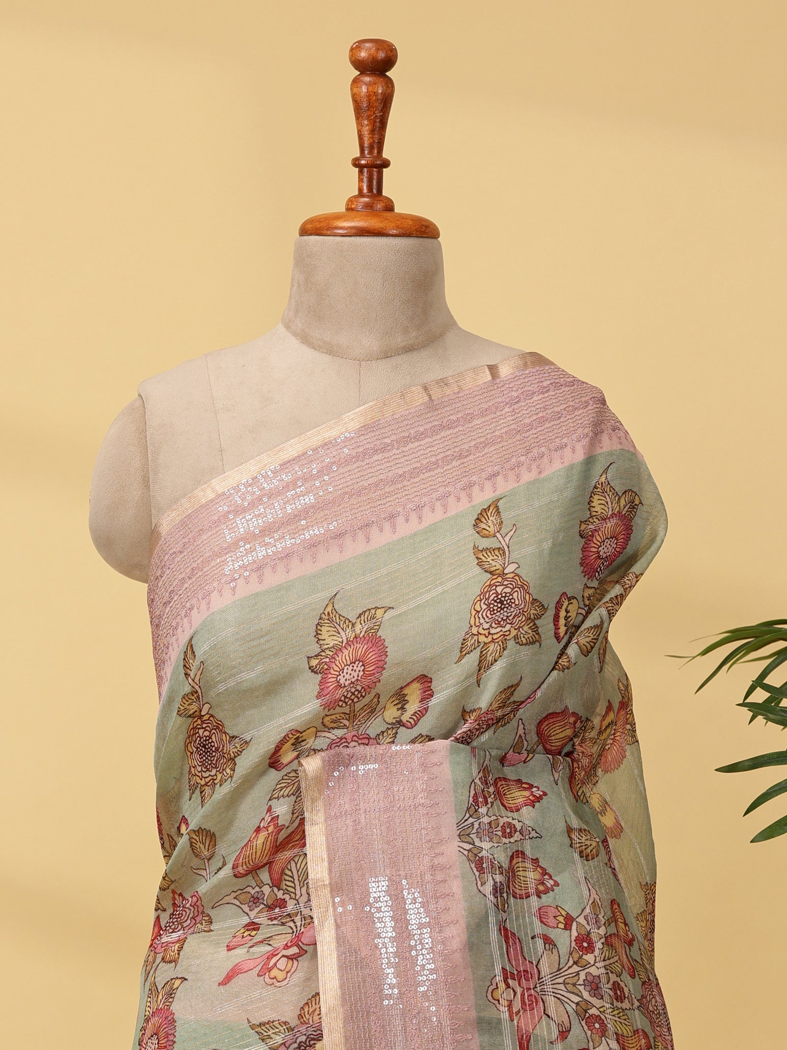 Pastel Printed Organza Silk Saree With Sequin Border