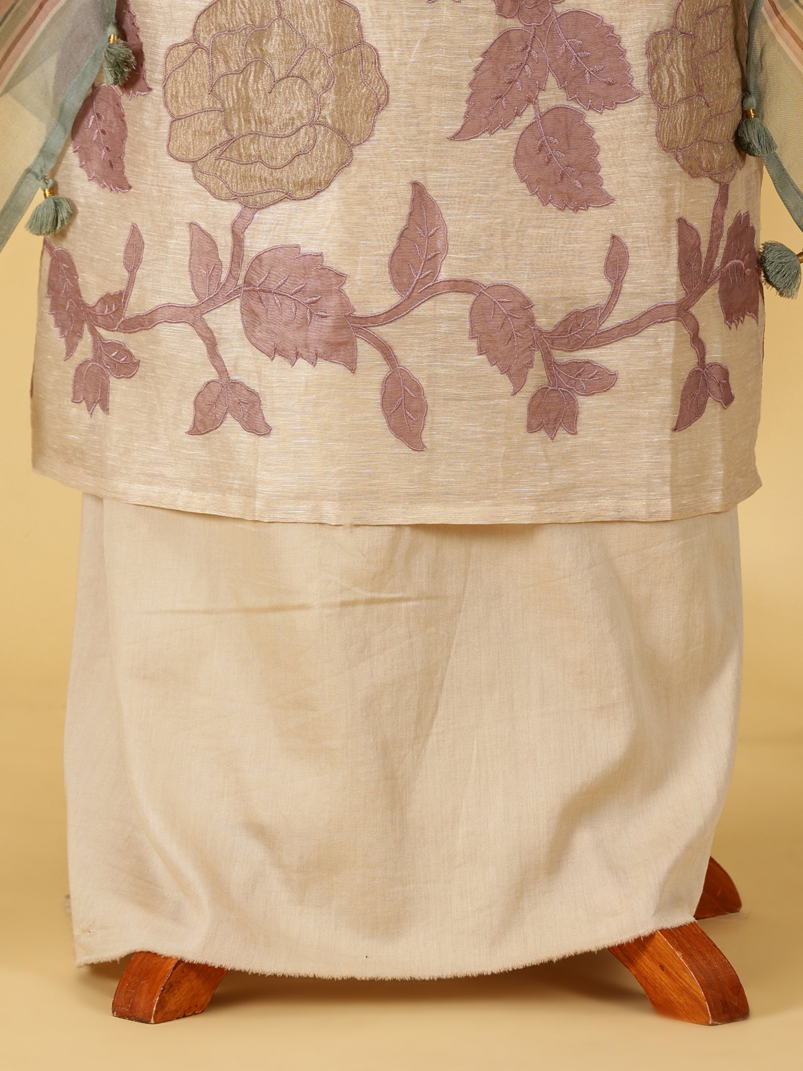 Pure Chanderi Silk Dress Material Set with Rose Appliqué & Digital Print Dupatta