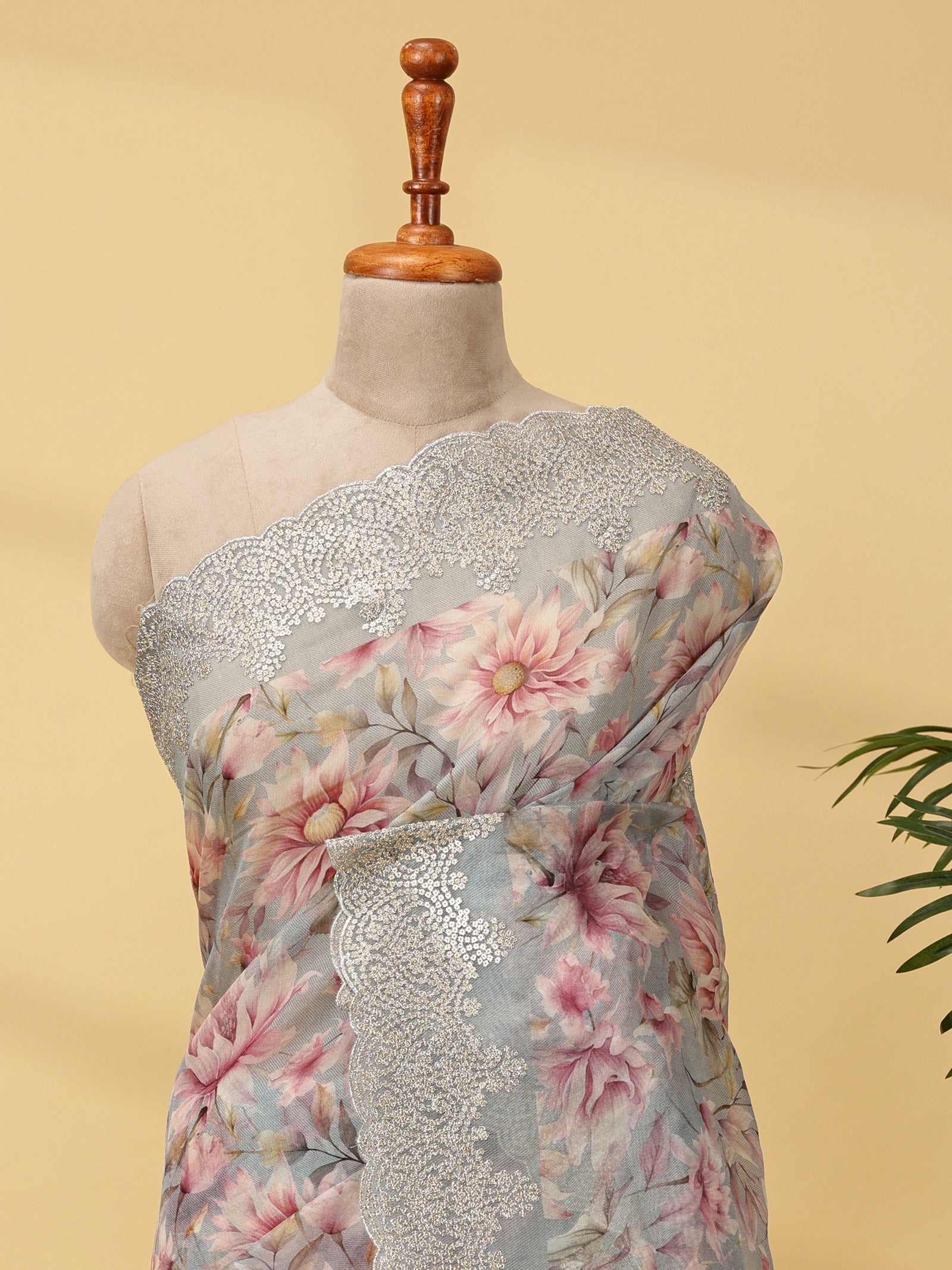 Blush Bloom Floral Organza Silk Saree with Embroidered Border