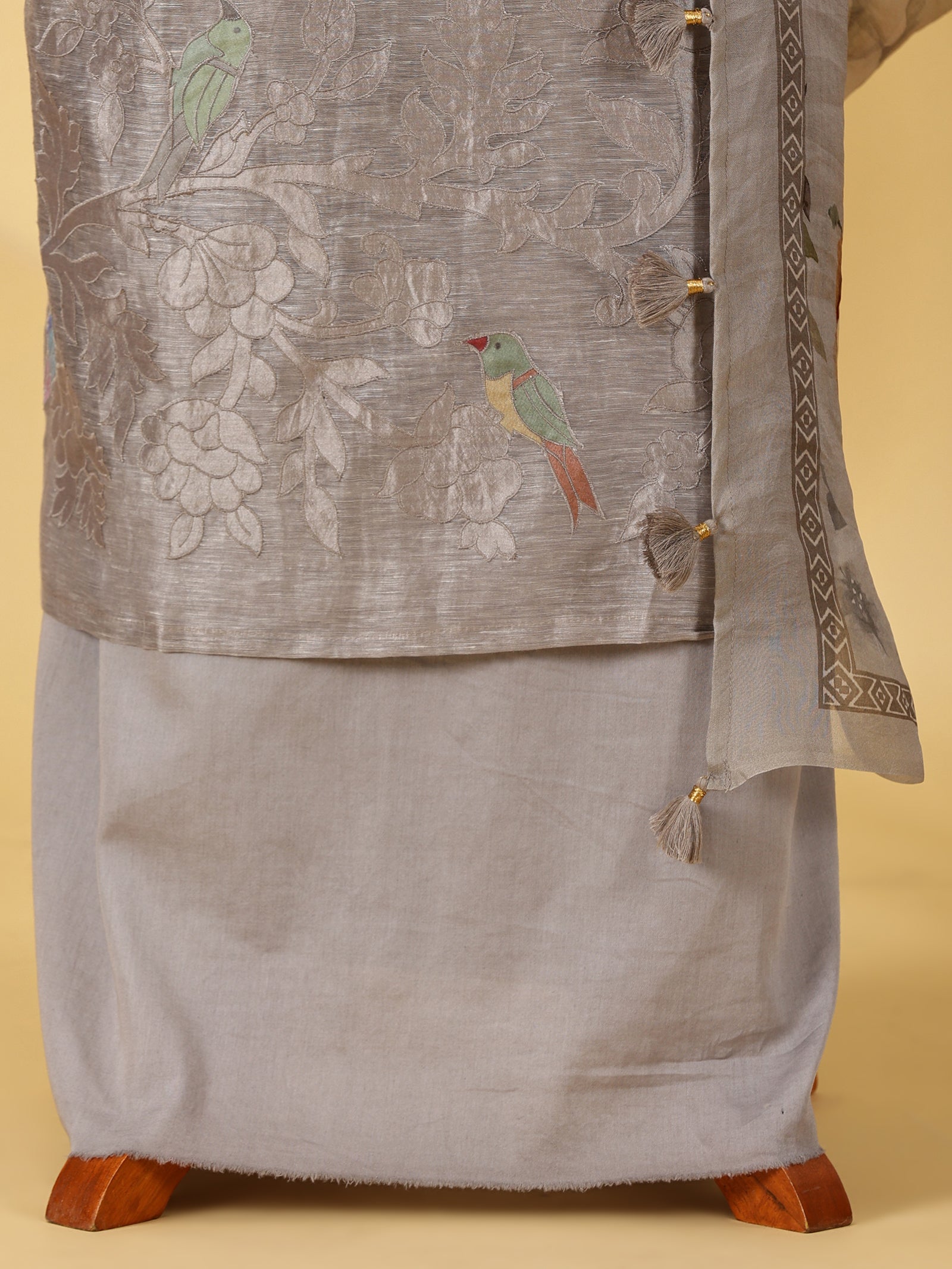 Pure Linen Silk Dress Material Set with Bird & Floral Appliqué