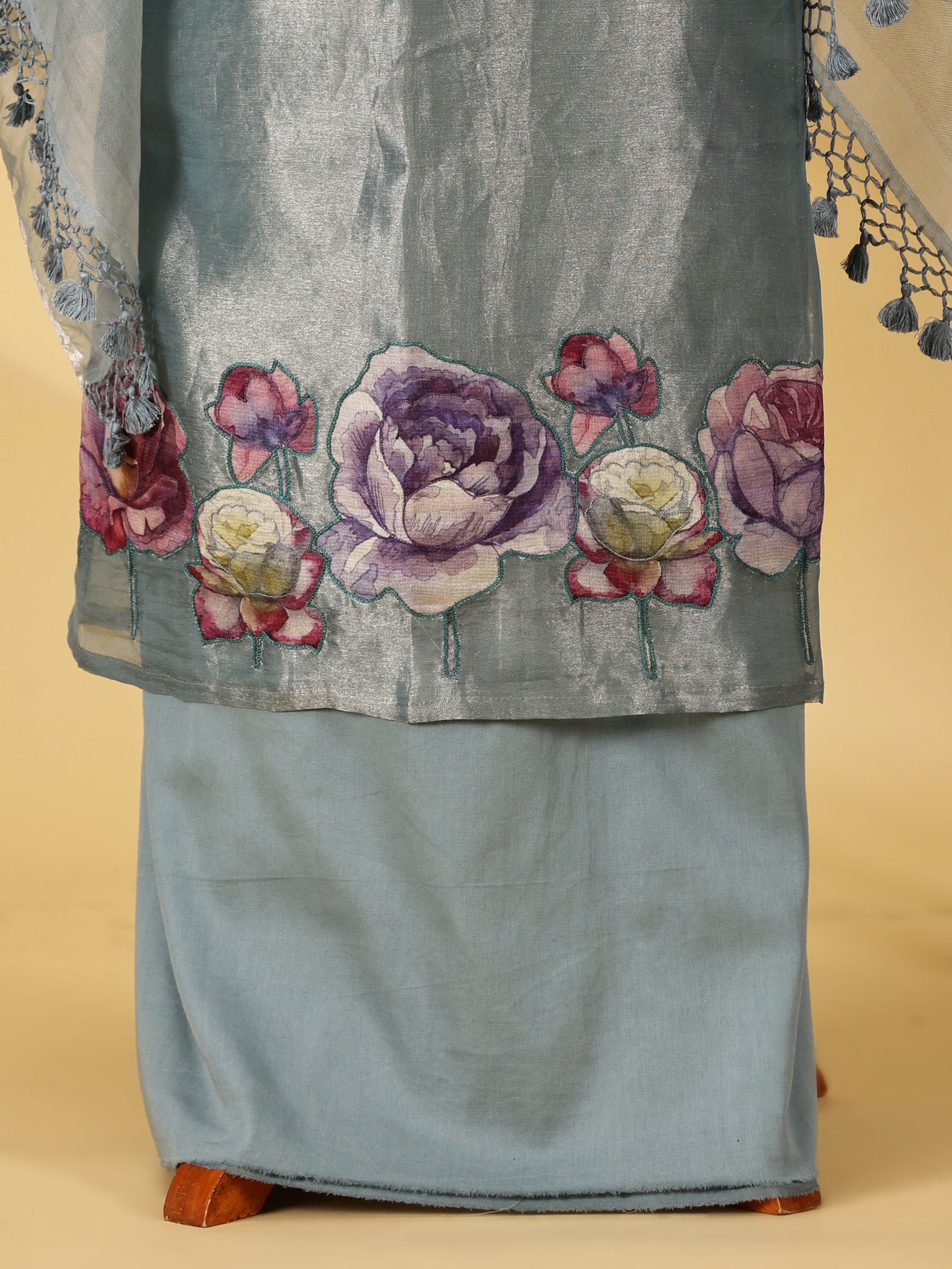 Tissue Silk Dress Material Set with Appliqué & Embroidered Organza Dupatta