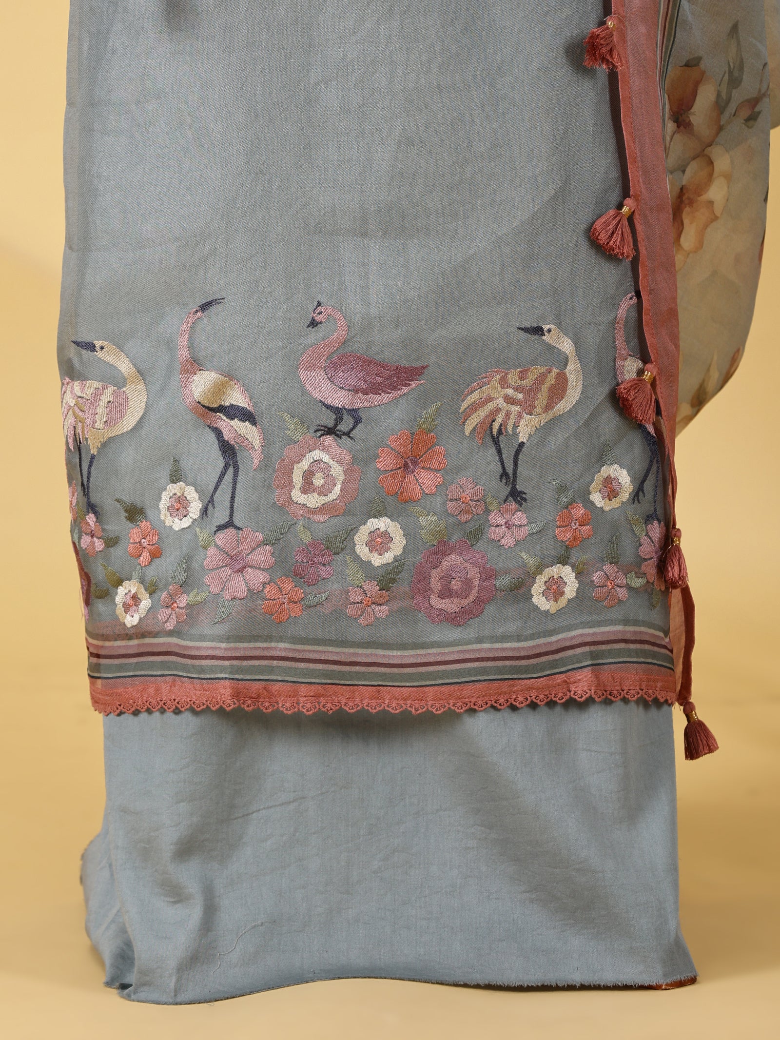 Twill Silk Dress Material Set with Thread Embroidery & Organza Dupatta