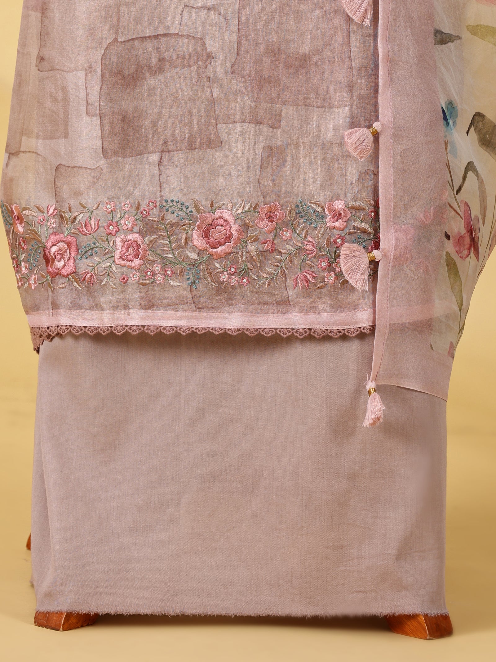 Pure Organza Silk Dress Material Set with Embroidered Hem & Digital Print