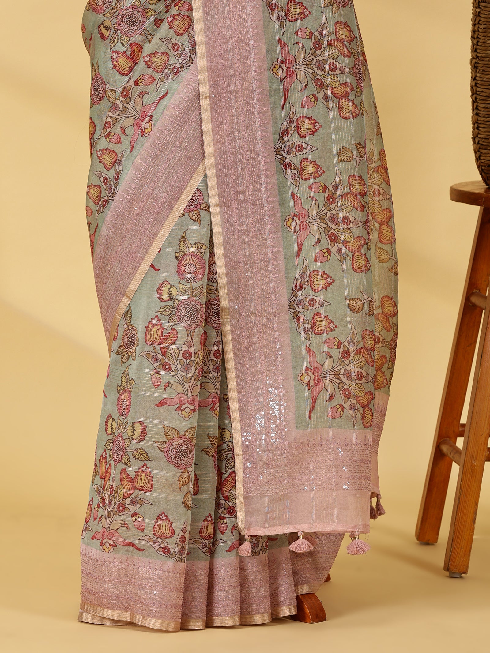 Pastel Printed Organza Silk Saree With Sequin Border