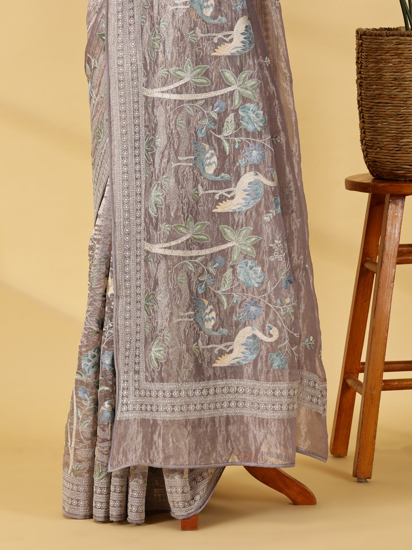 Pure Tissue by Organza Silk Saree | With Animal Motifs Embroidered