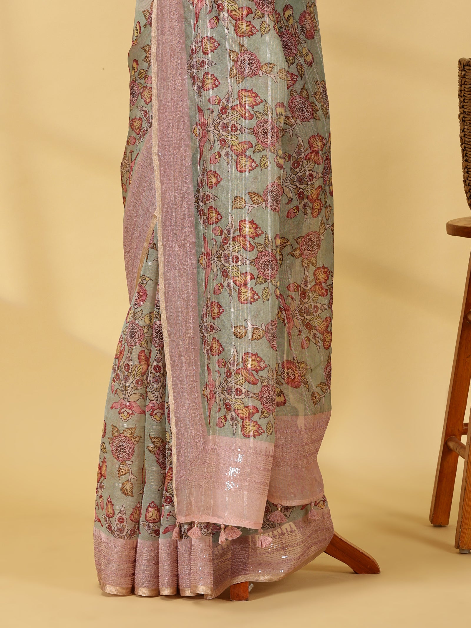 Pastel Printed Organza Silk Saree With Sequin Border