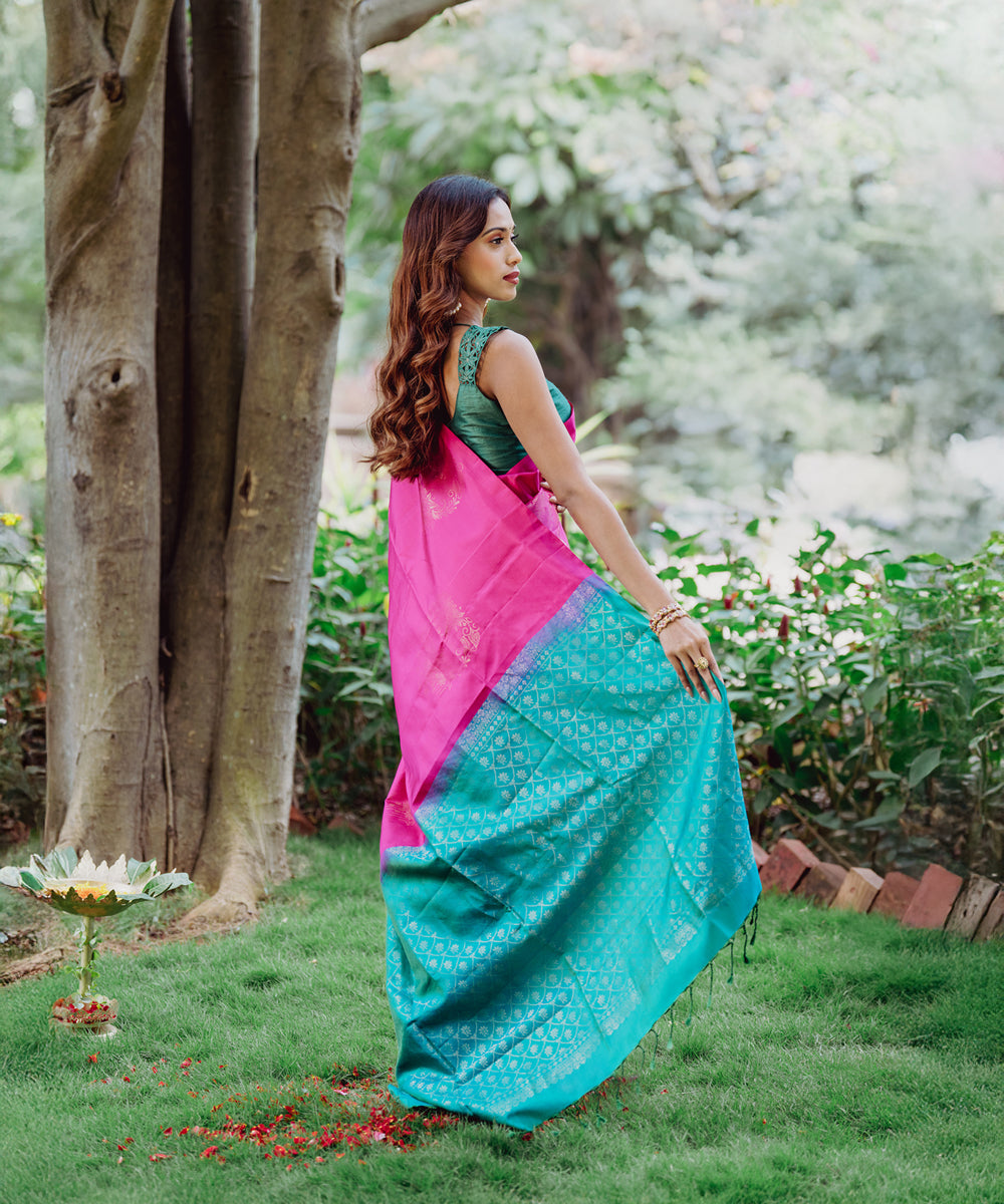 Handloom Silk Saree - Pink & Turquoise Colour