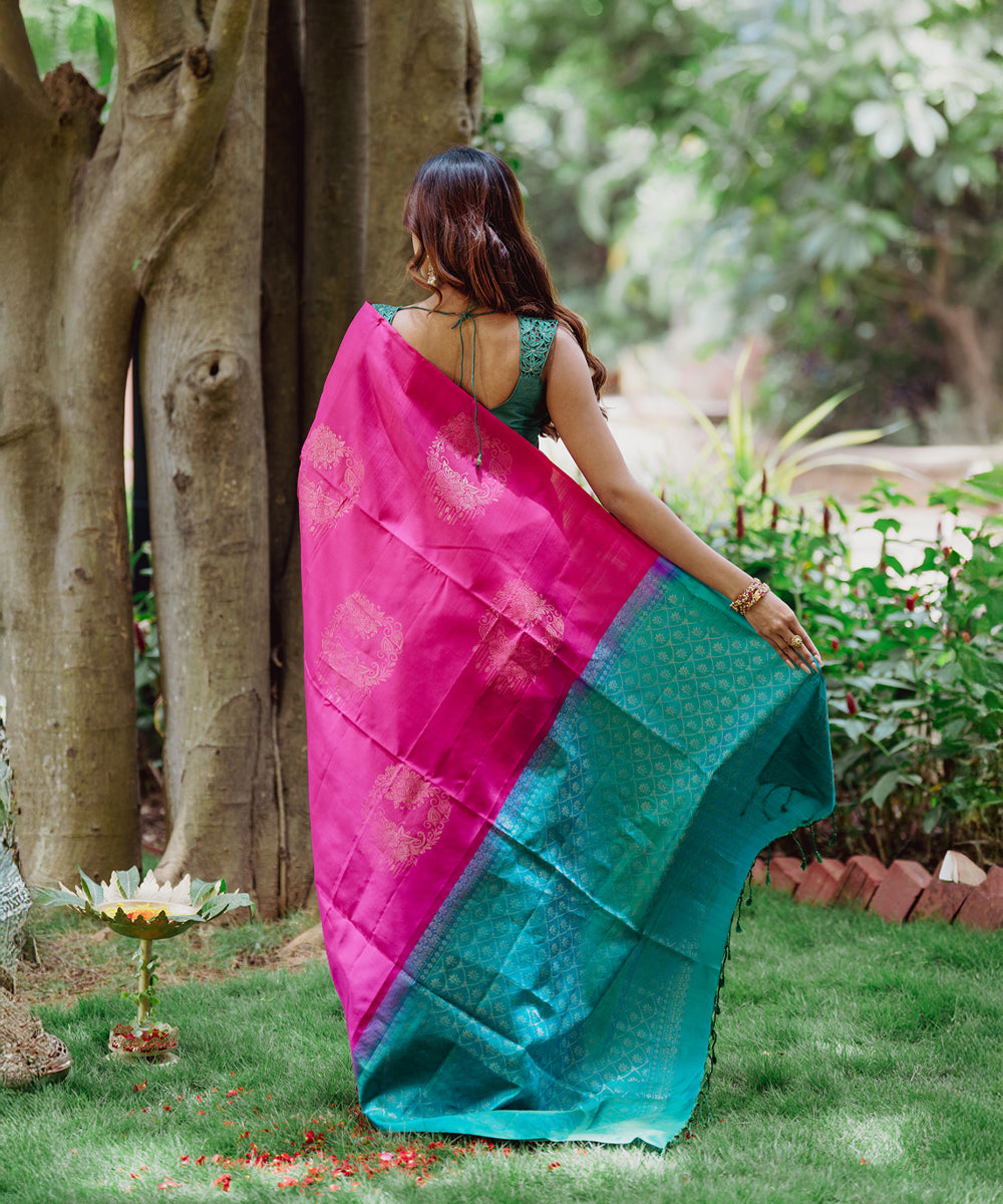 Handloom Silk Saree - Pink & Turquoise Colour