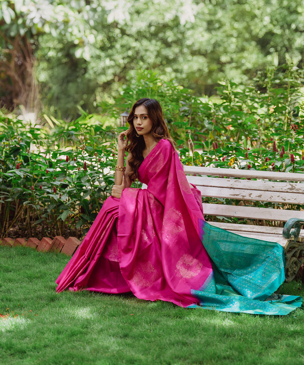 Handloom Silk Saree - Pink & Turquoise Colour