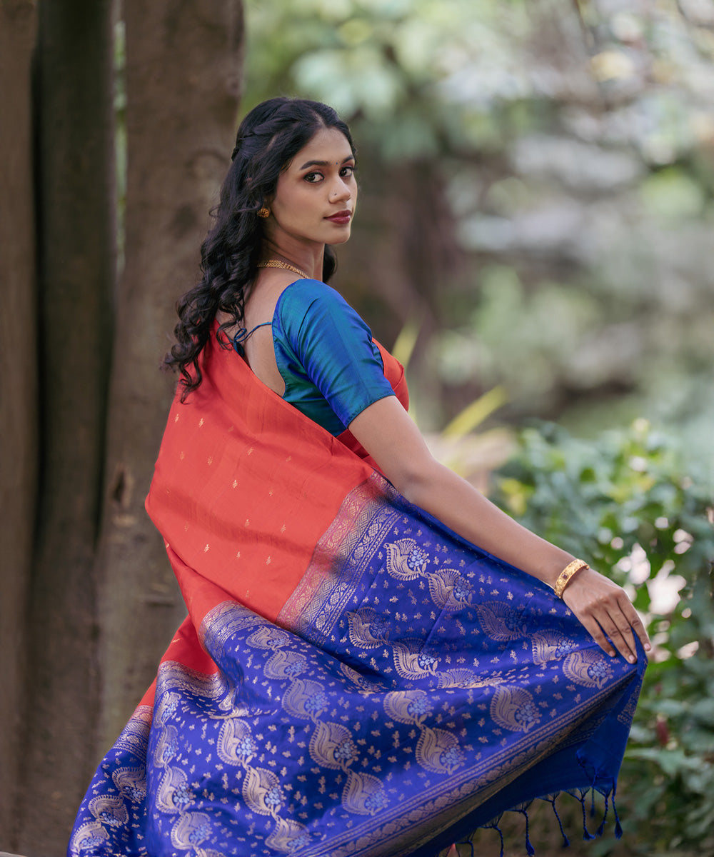 Handloom Silk Saree - Red & Blue Colour