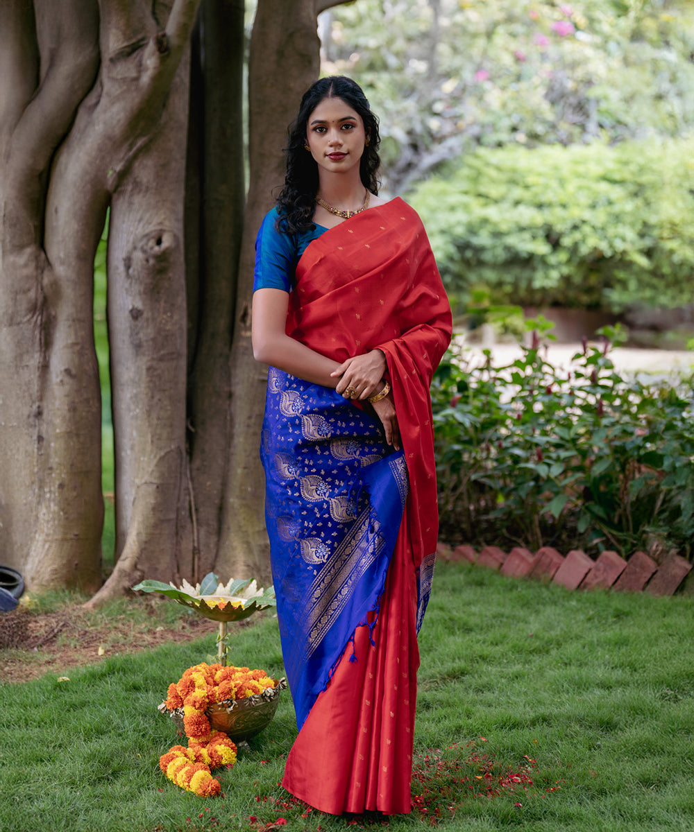Handloom Silk Saree - Red & Blue Colour