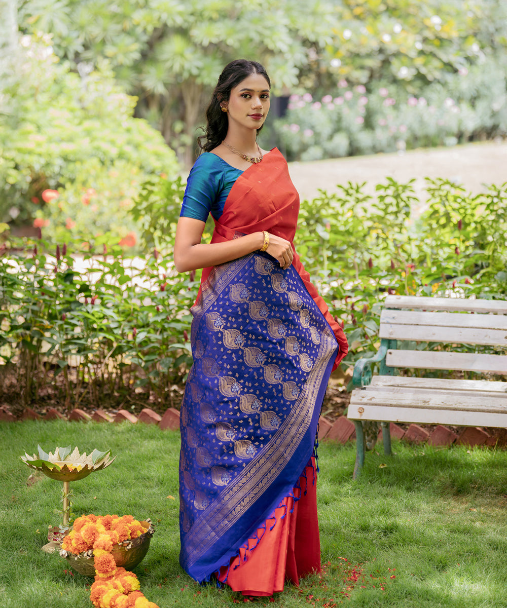 Handloom Silk Saree - Red & Blue Colour
