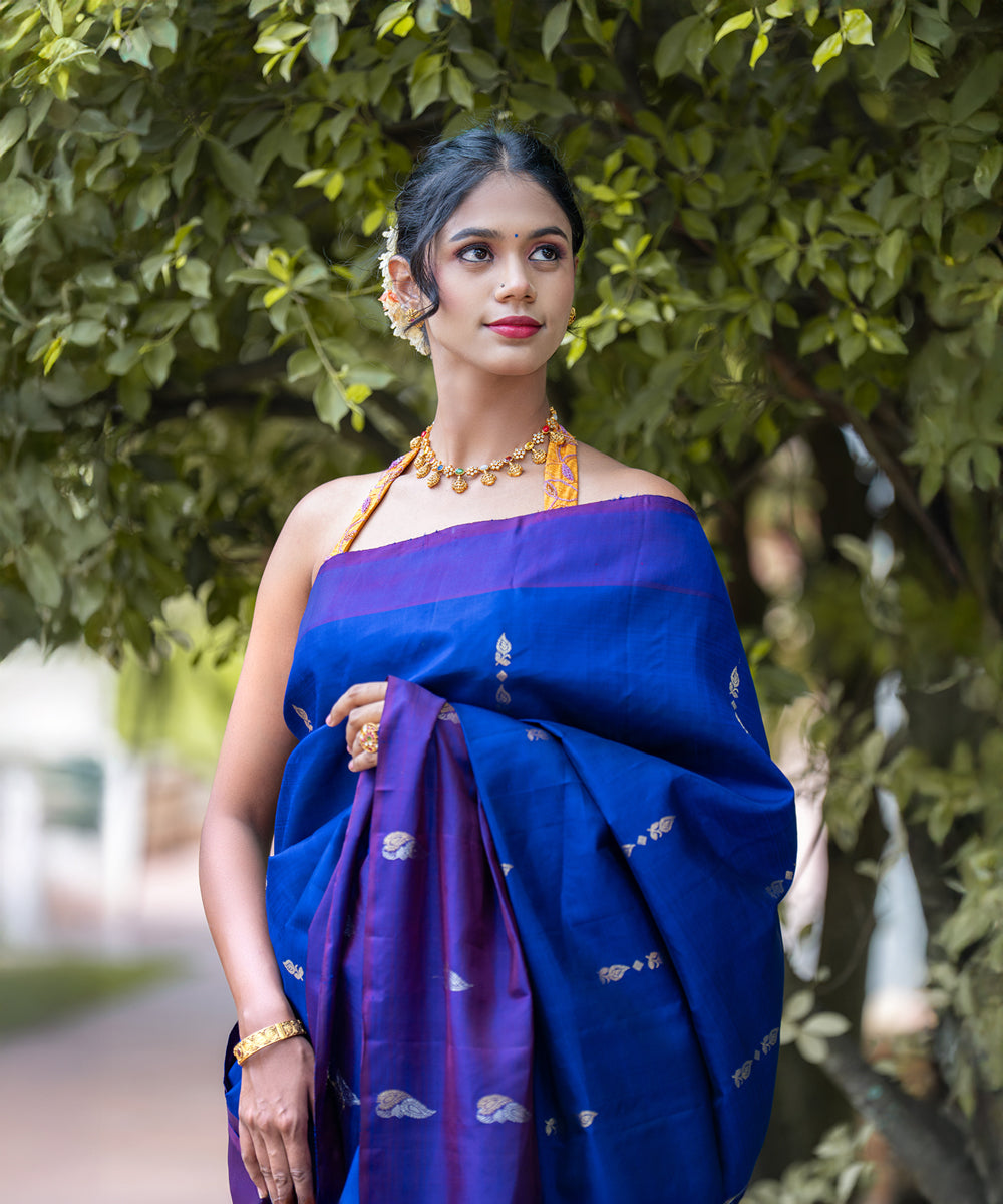 Handloom Silk Saree - Peacock Blue Saree With Jari Butta