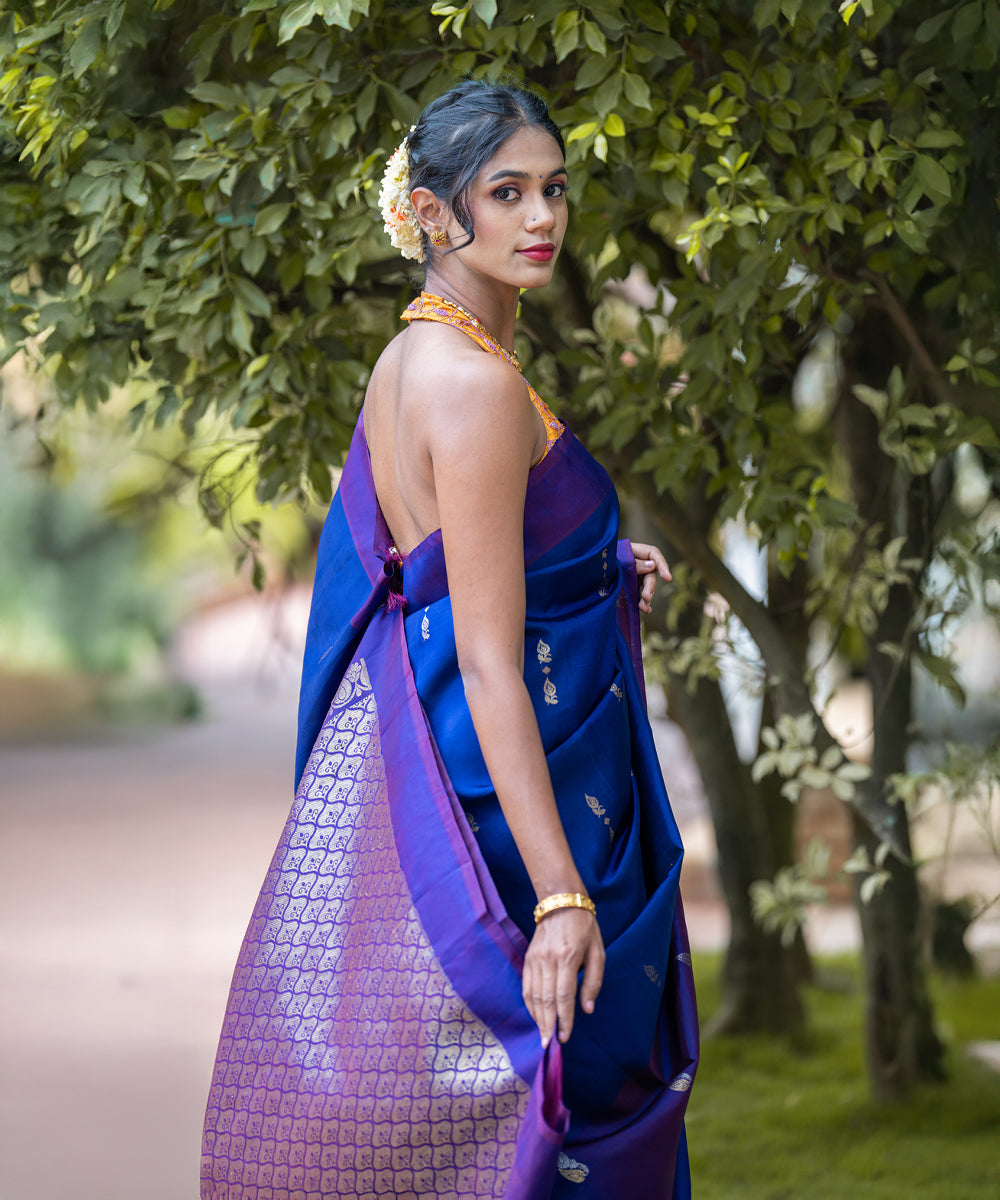 Handloom Silk Saree - Peacock Blue Saree With Jari Butta
