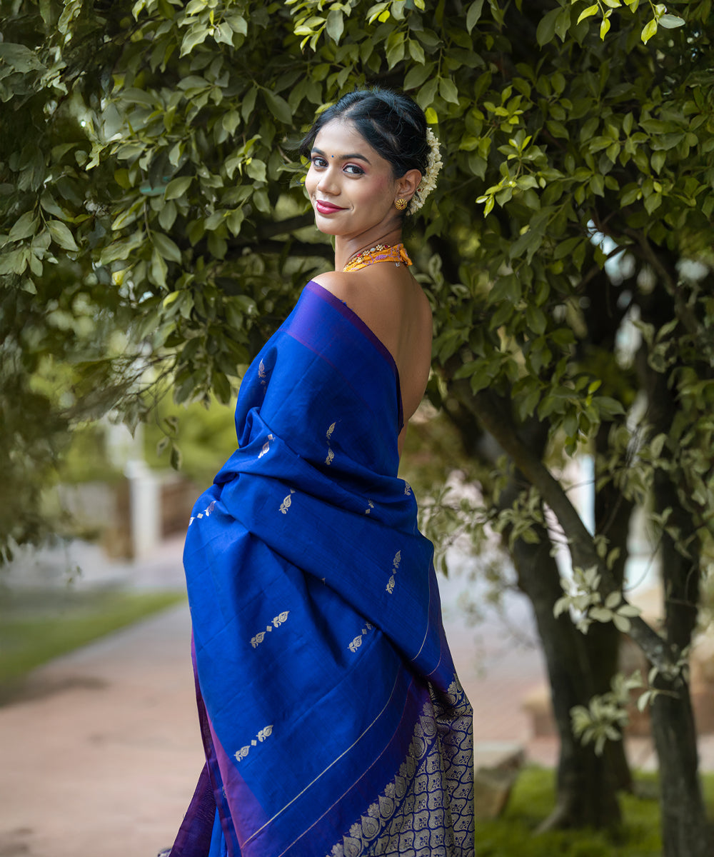 Handloom Silk Saree - Peacock Blue Saree With Jari Butta