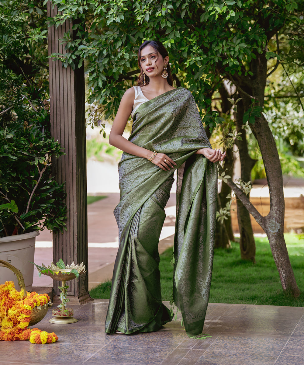 Handloom Silk Saree - Olive Green Brocade Saree