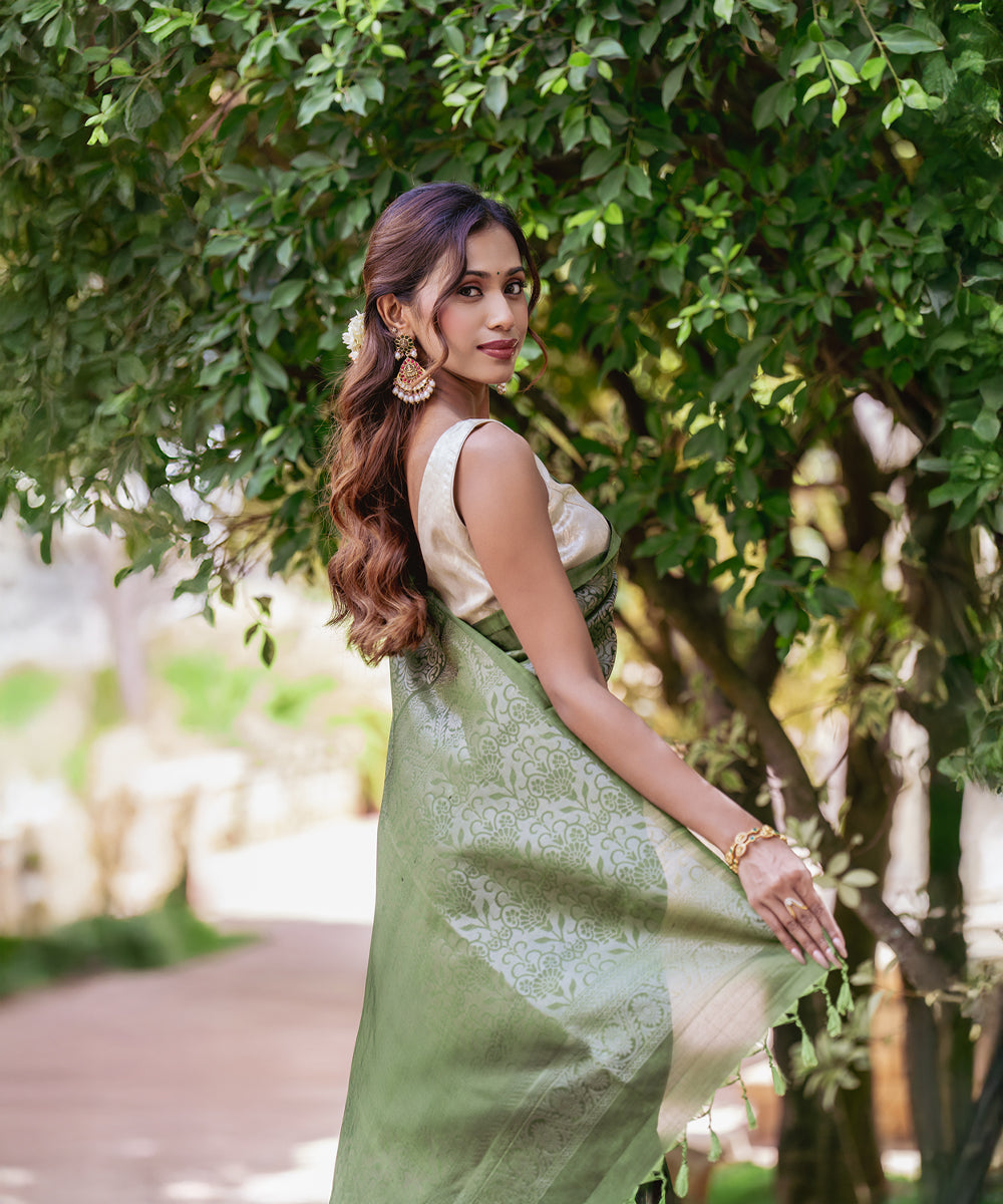Handloom Silk Saree - Olive Green Brocade Saree