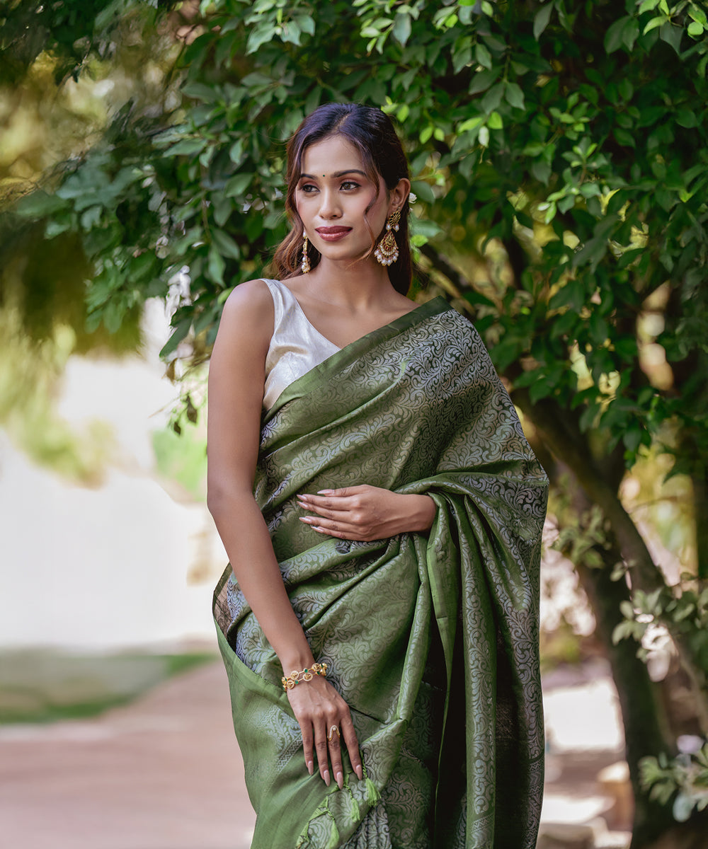 Handloom Silk Saree - Olive Green Brocade Saree