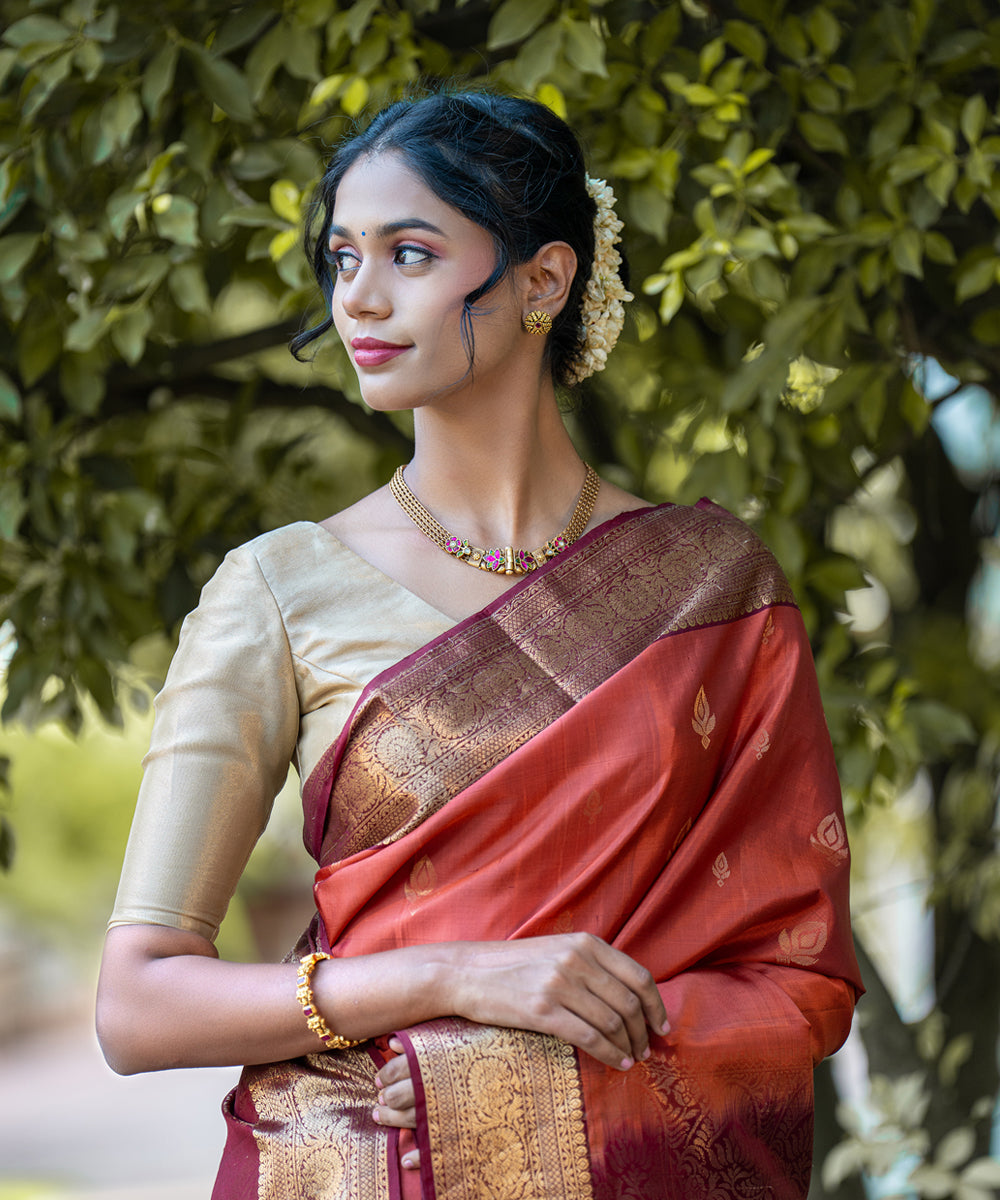 Handloom Silk Saree - Peach & Maroon Colour