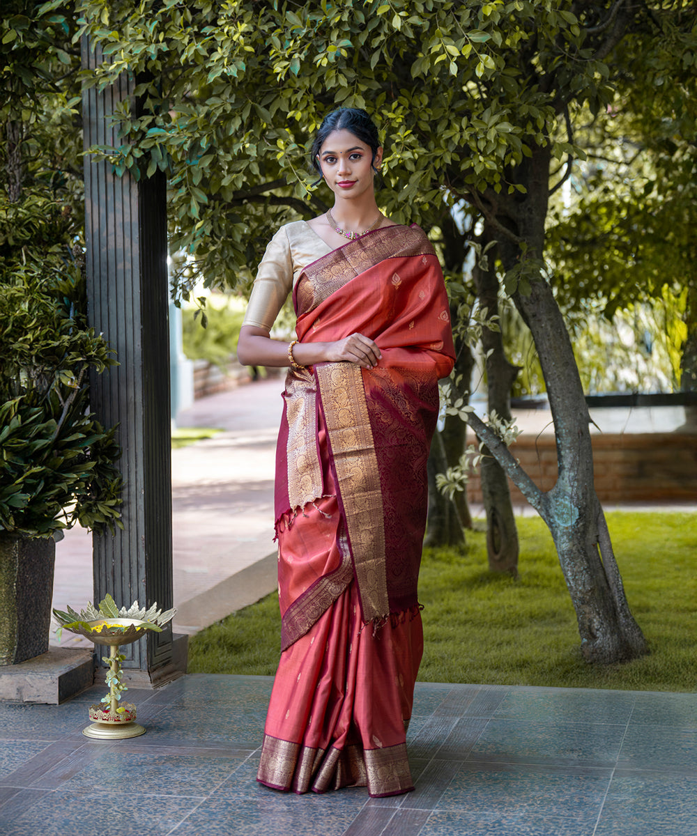 Handloom Silk Saree - Peach & Maroon Colour