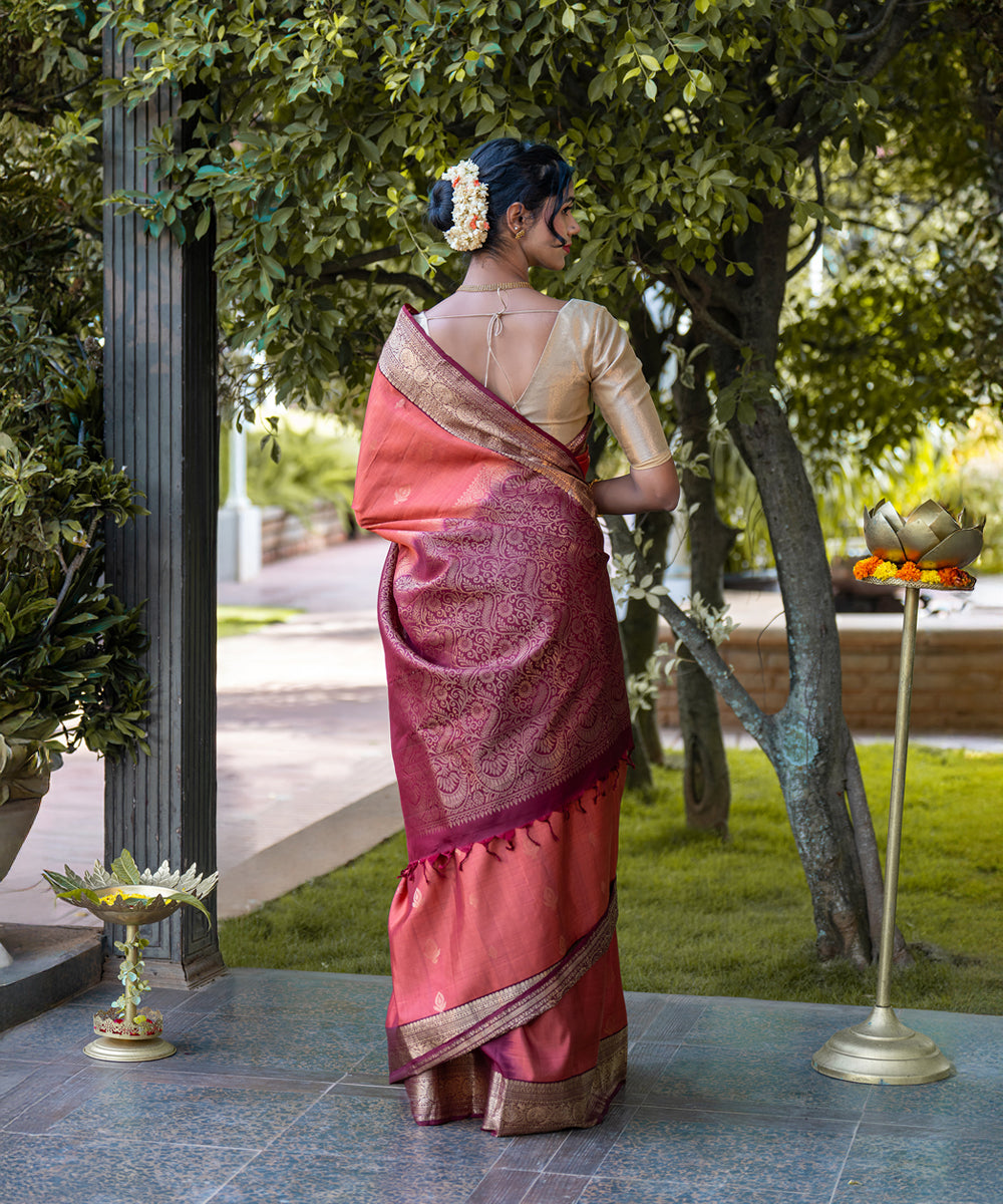 Handloom Silk Saree - Peach & Maroon Colour