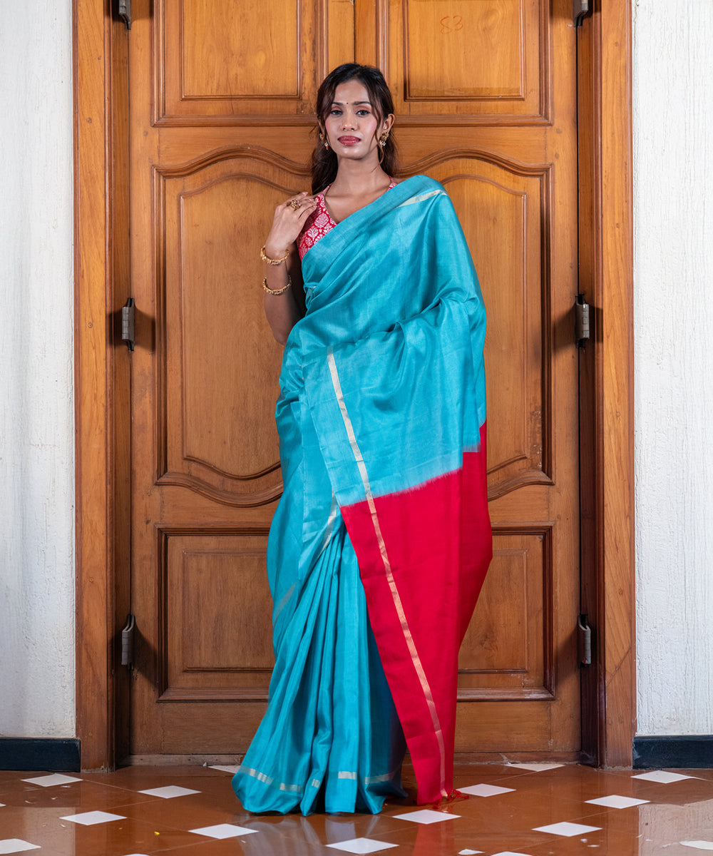 Handloom Silk Saree - Turquoise With Red Contrast