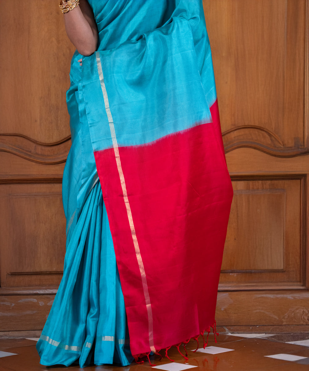 Handloom Silk Saree - Turquoise With Red Contrast