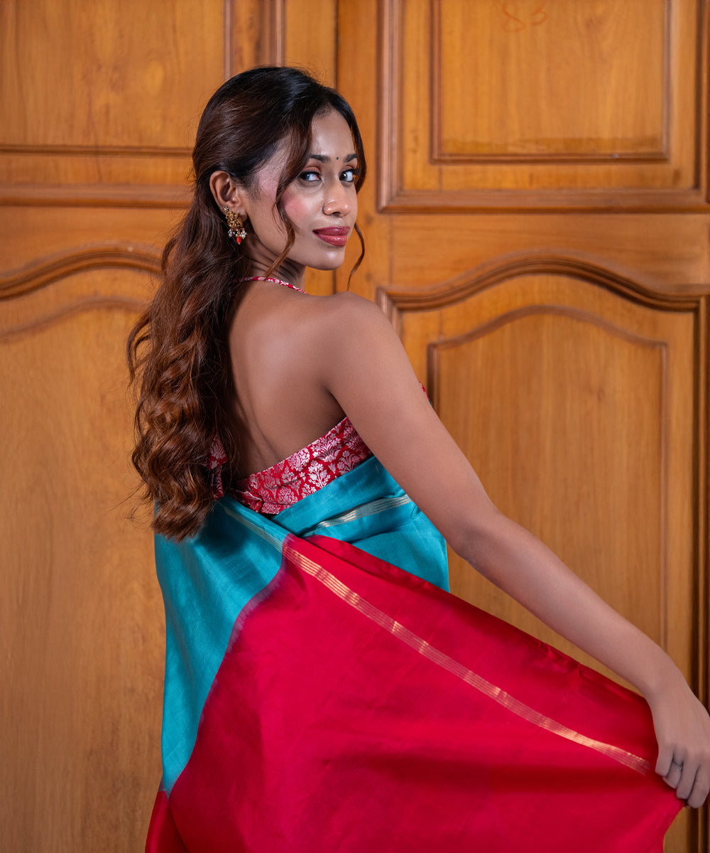 Handloom Silk Saree - Turquoise With Red Contrast
