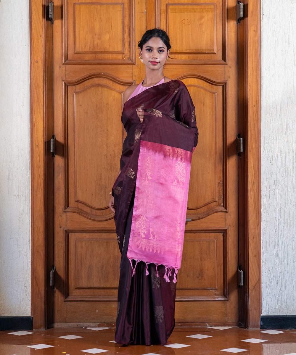 Handloom Silk Saree - Brown and Pink Contrast