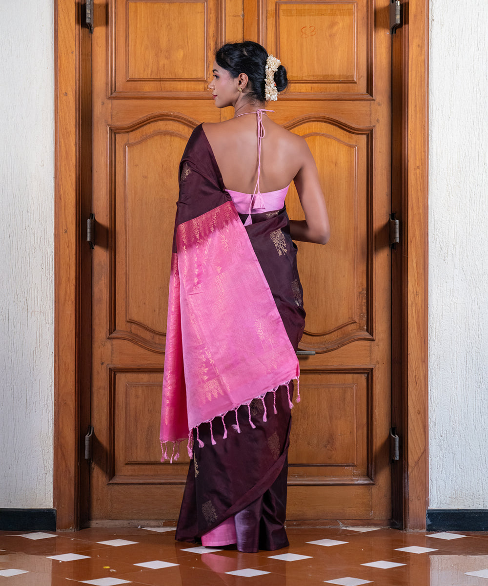 Handloom Silk Saree - Brown and Pink Contrast