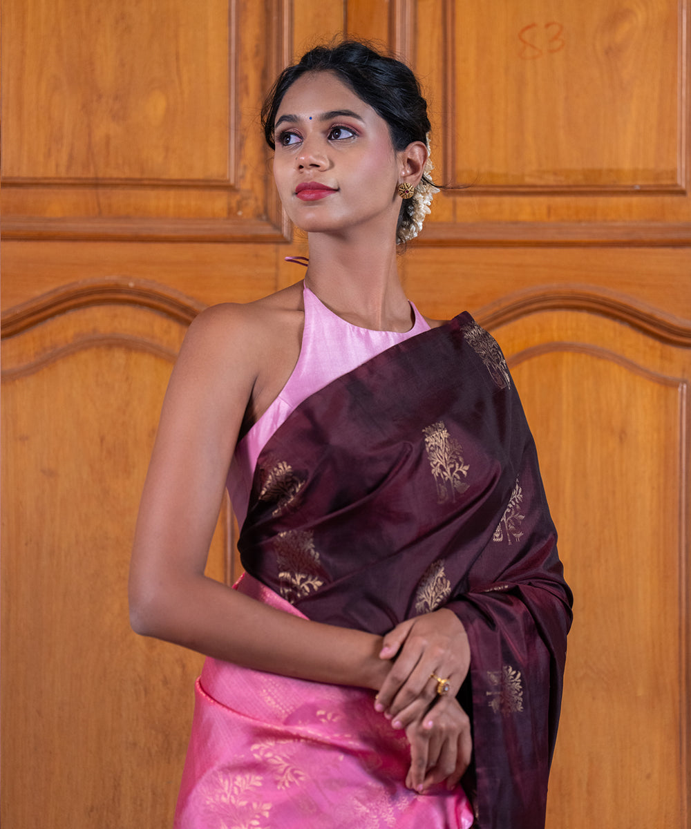Handloom Silk Saree - Brown and Pink Contrast