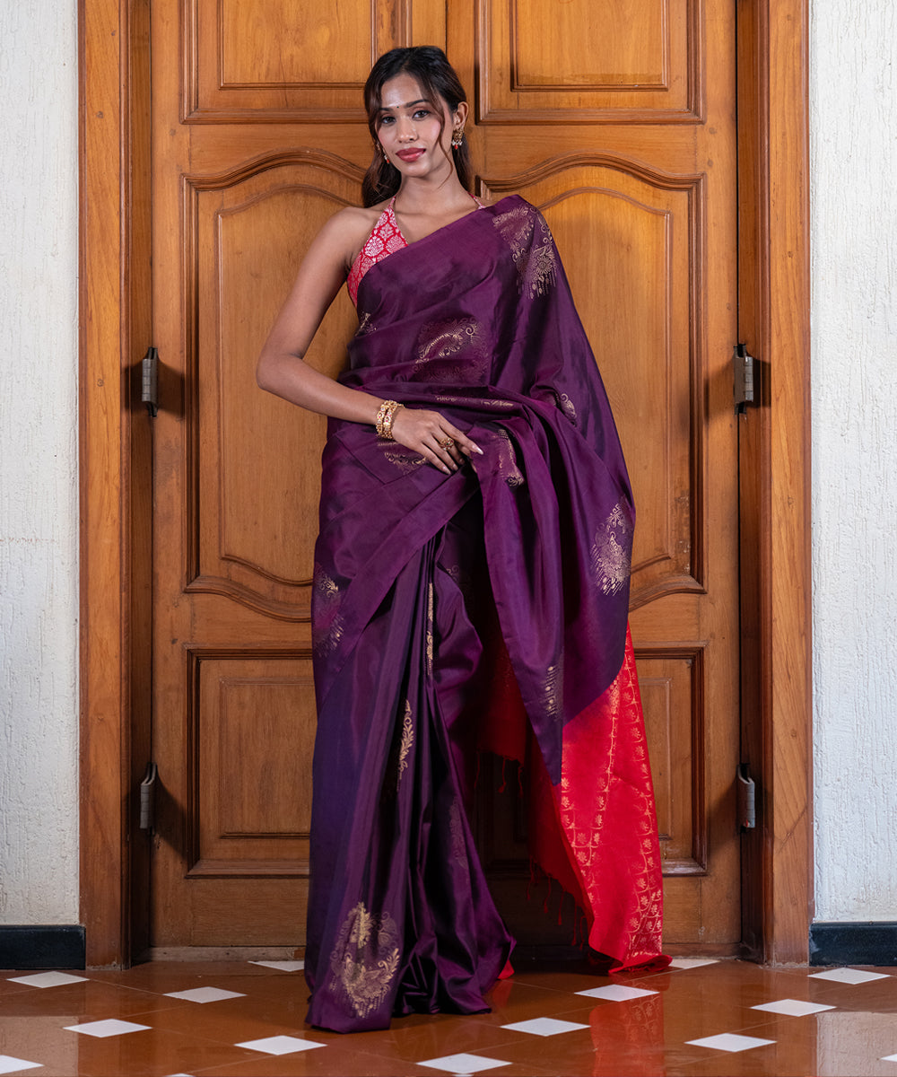 Handloom Silk Saree - Purple and Red Contrast