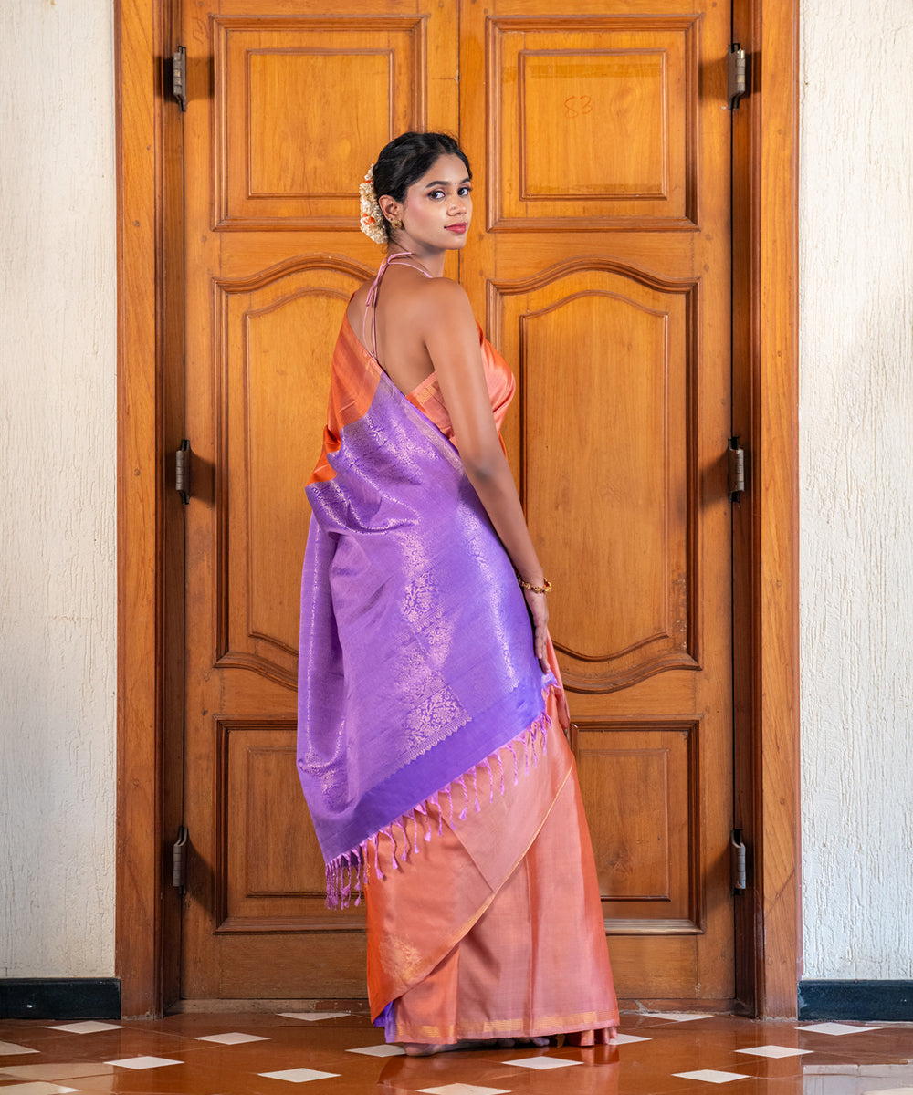 Handloom Silk Saree - Peach & Lavender Contrast