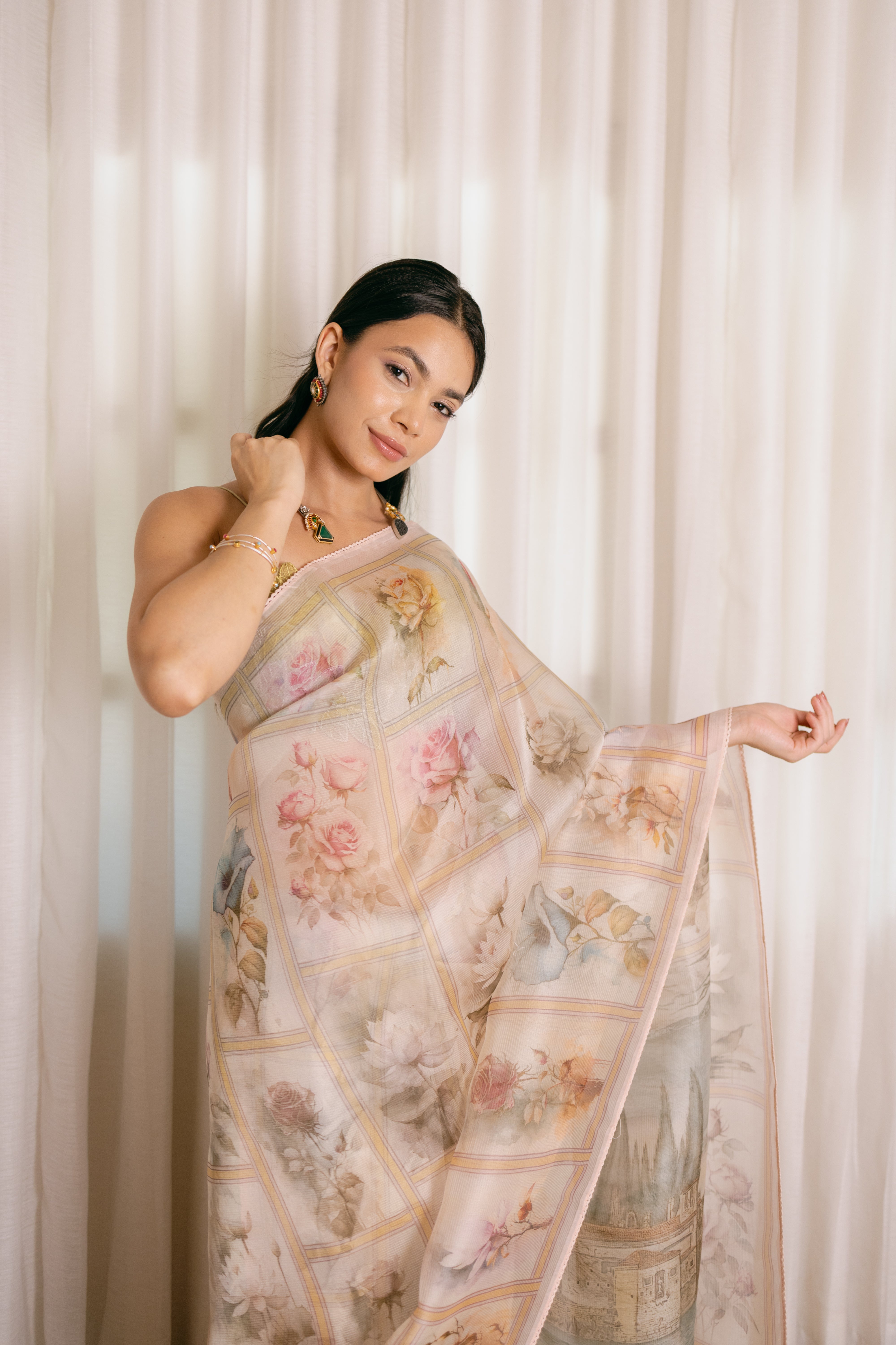 Pure Organza Silk Saree | With Vintage Prints