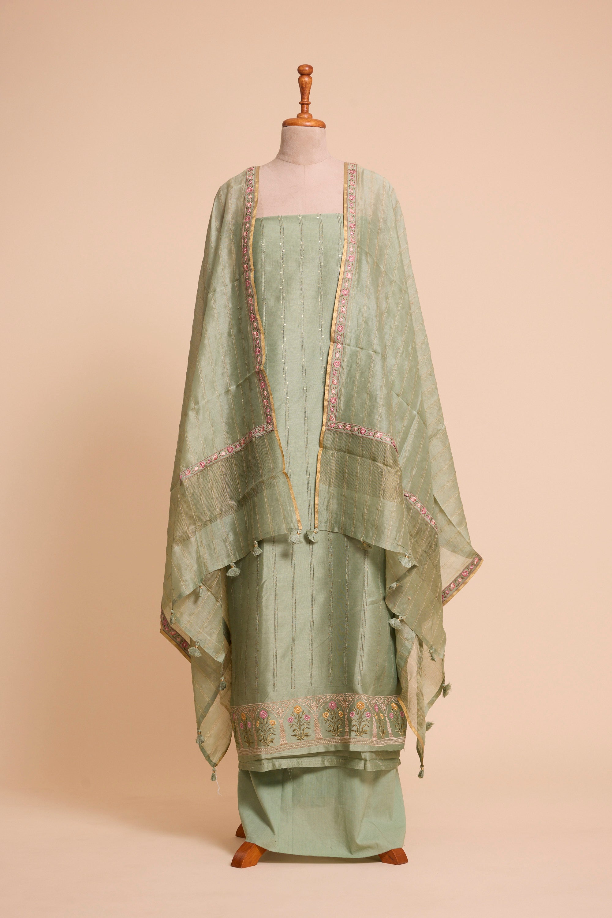 Pastel Sage Green Pure Silk Dress Material
