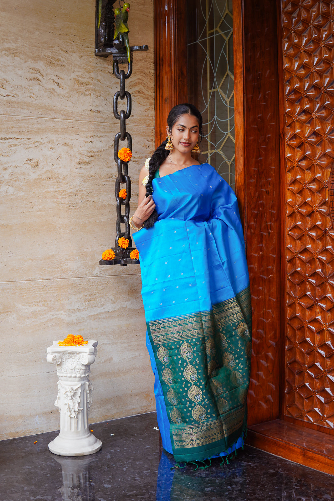 Handwoven Kanchi Soft Silk Saree – Bright Blue with Deep Teal Contrast