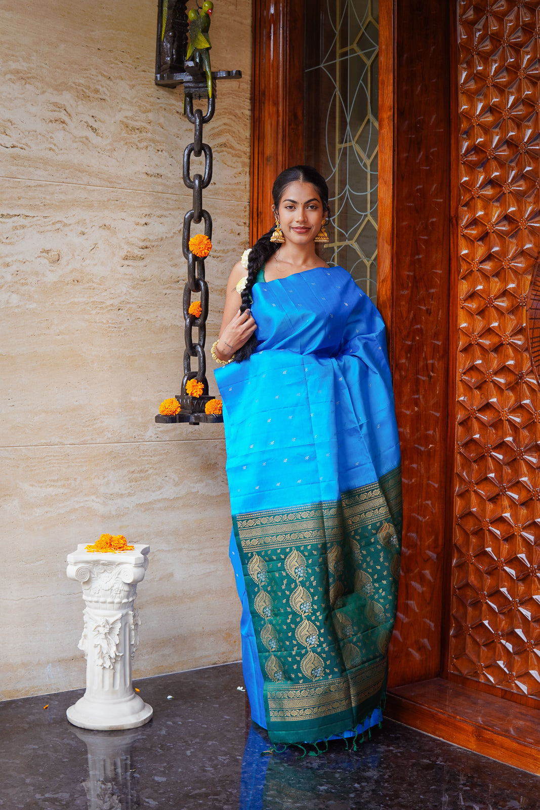 Handwoven Kanchi Soft Silk Saree – Bright Blue with Deep Teal Contrast