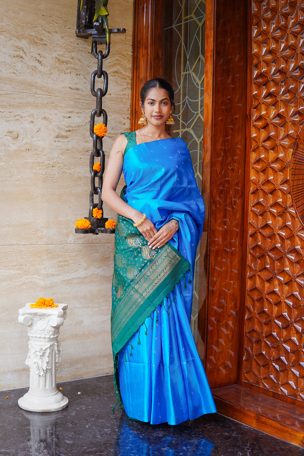 Handwoven Kanchi Soft Silk Saree – Bright Blue with Deep Teal Contrast