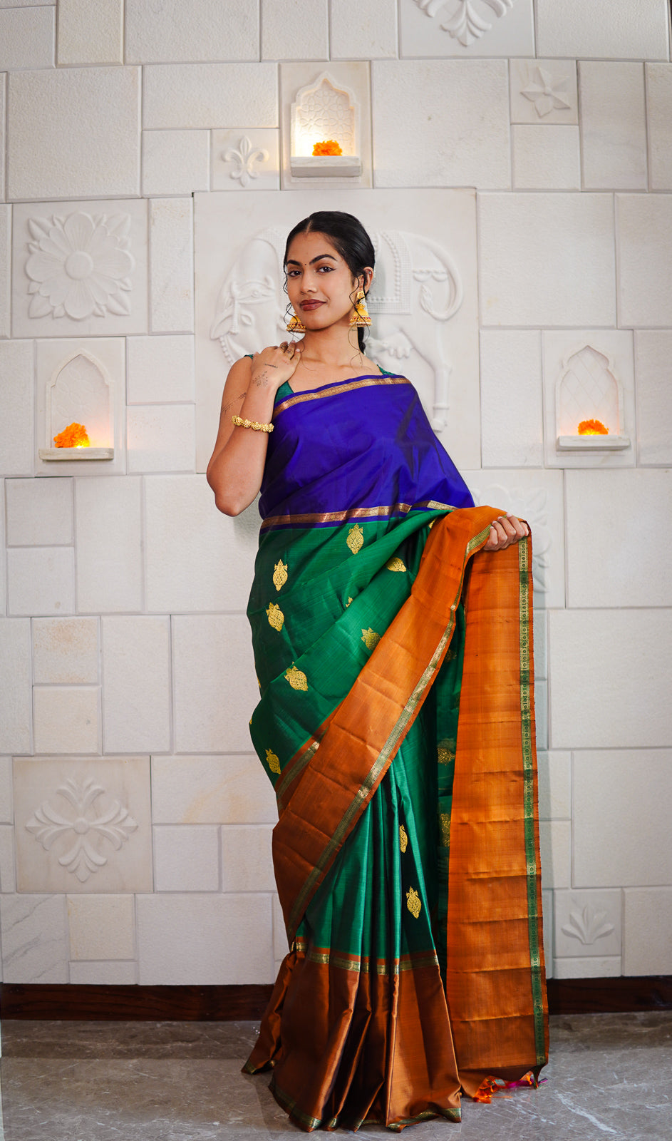 Handwoven Kanchi Silk Saree - Tri Colour