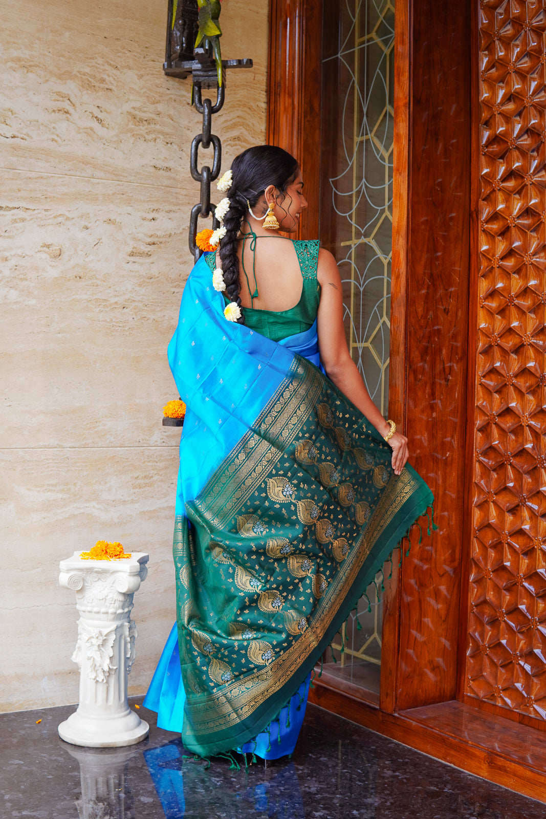Handwoven Kanchi Soft Silk Saree – Bright Blue with Deep Teal Contrast