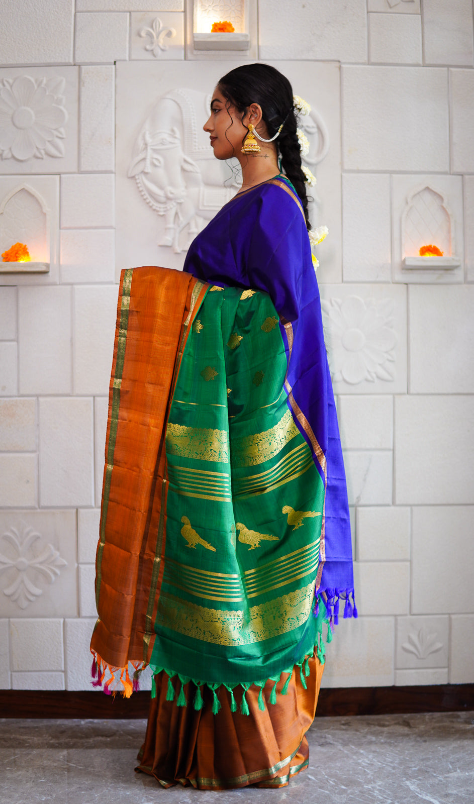 Handwoven Kanchi Silk Saree - Tri Colour