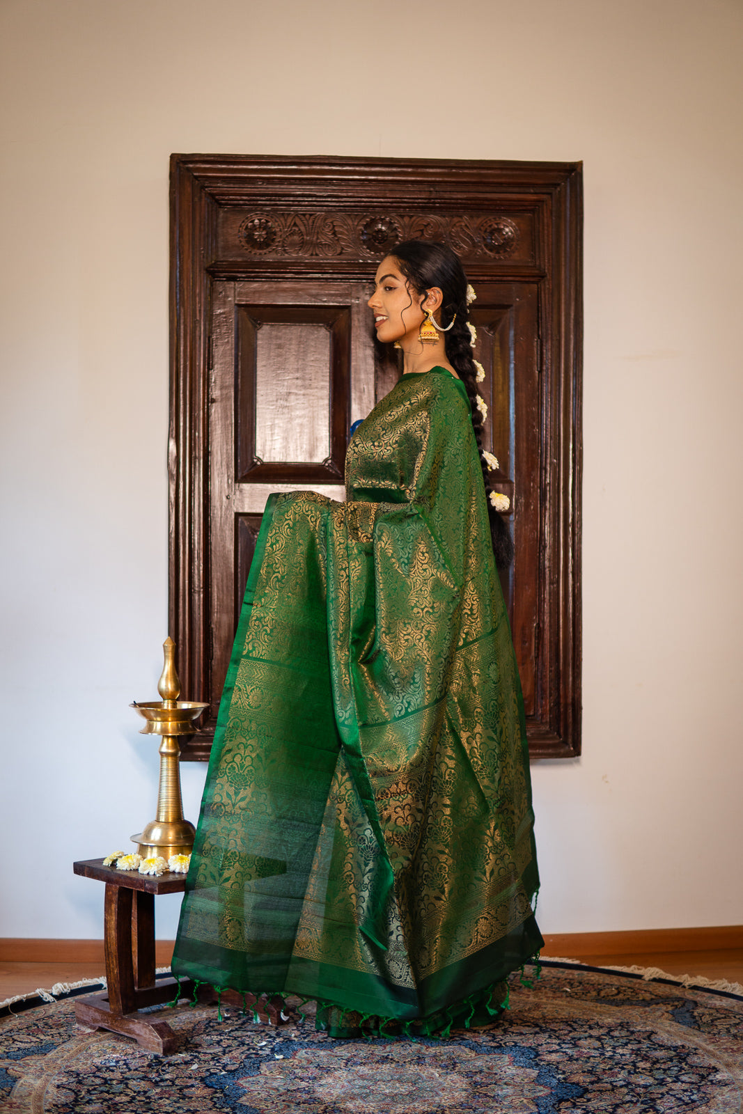 Handloom Silk Saree – Bottle Green with Silver Zari Brocade