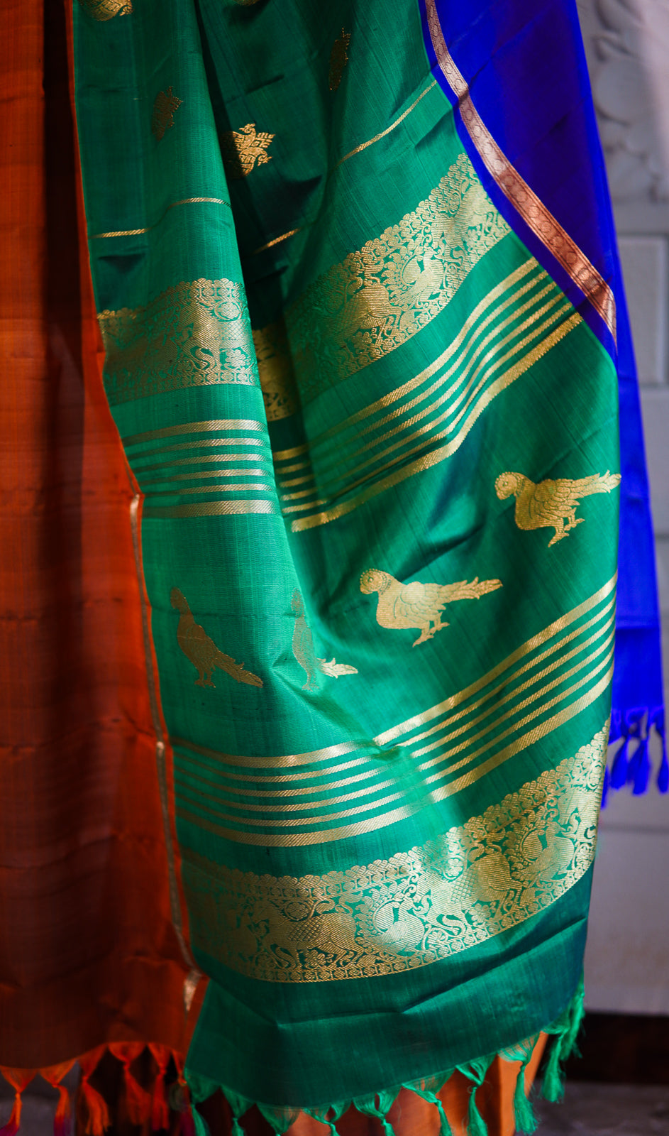 Handwoven Kanchi Silk Saree - Tri Colour