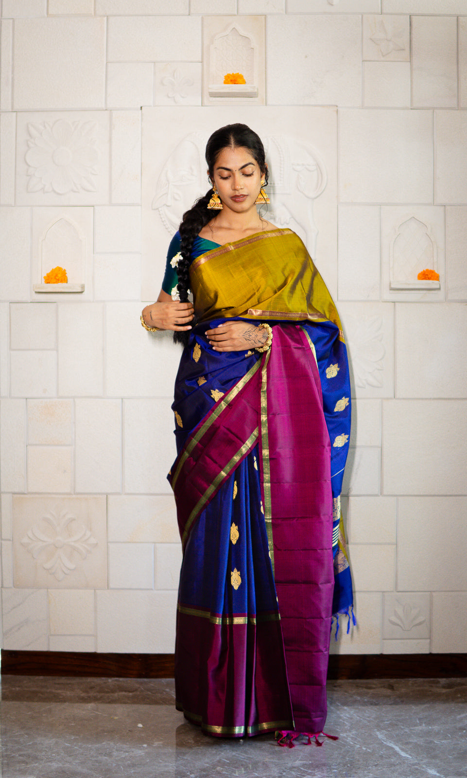 Handwoven Kanchi Silk Saree - Tri Colour