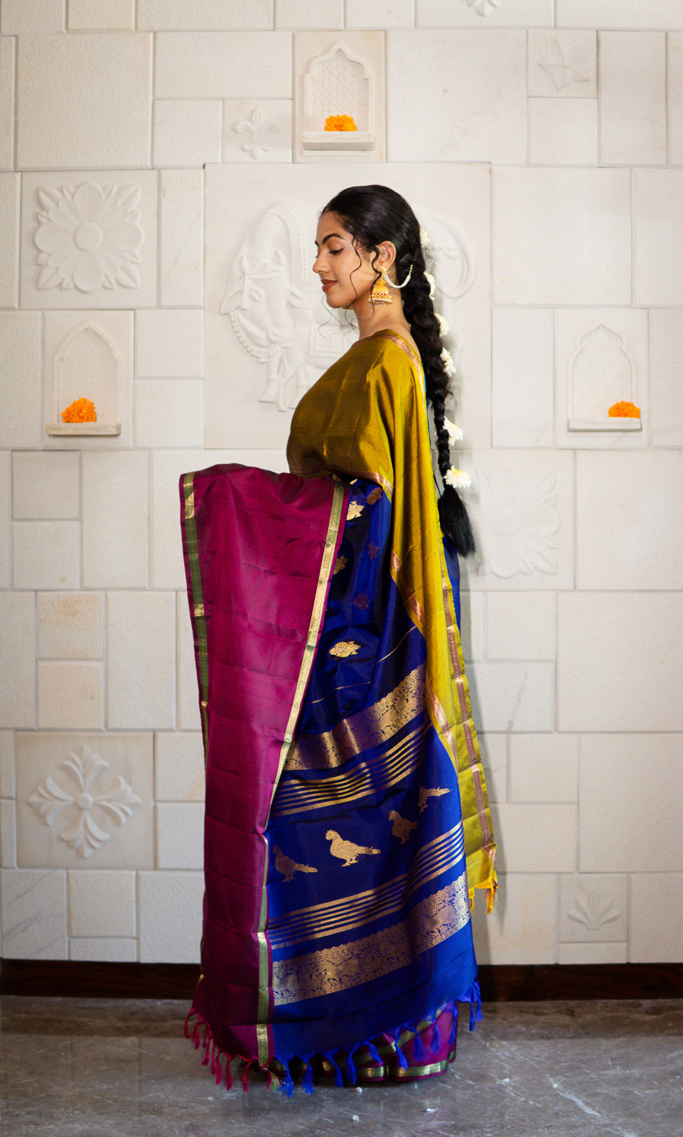 Handwoven Kanchi Silk Saree - Tri Colour