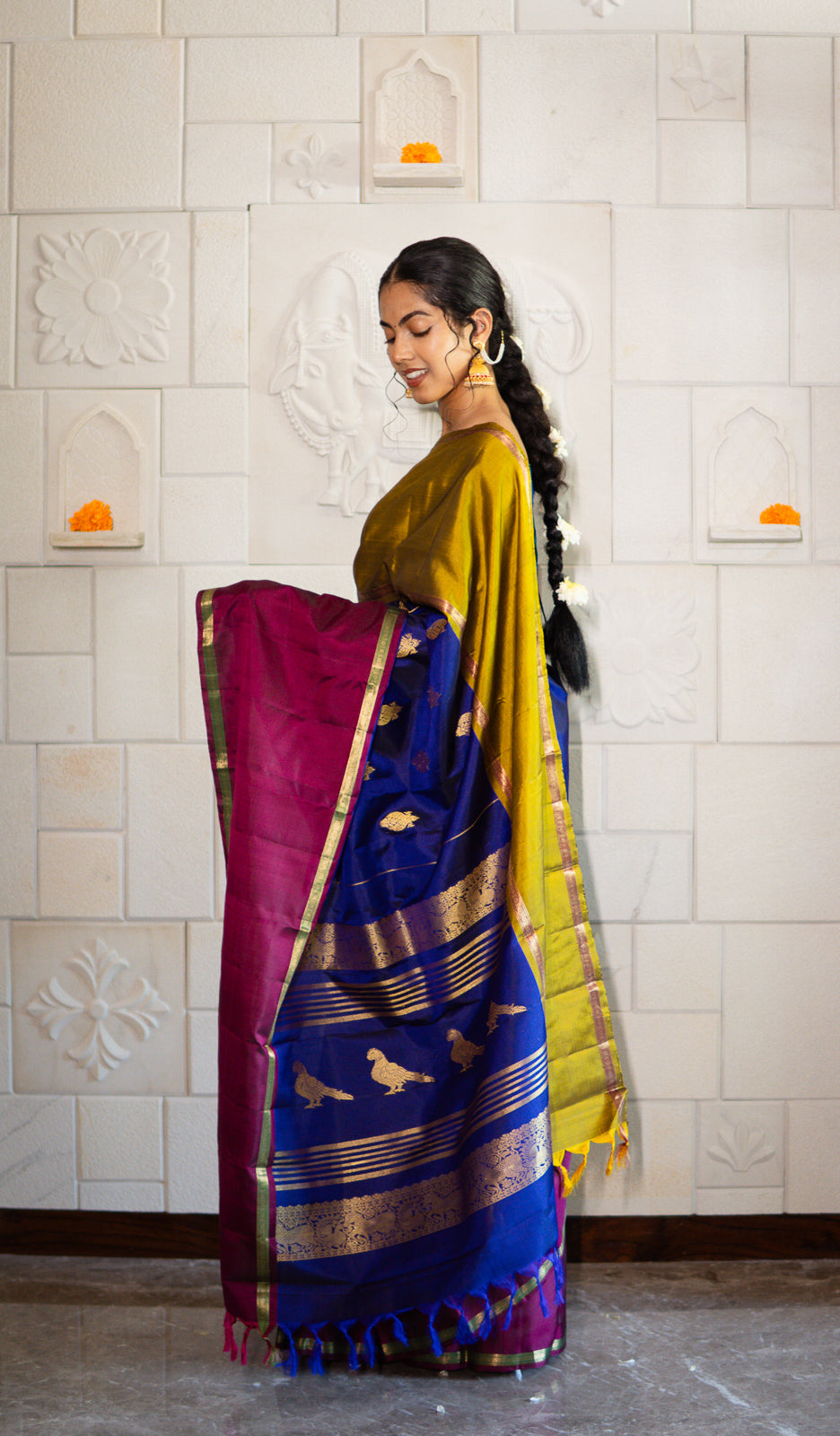 Handwoven Kanchi Silk Saree - Tri Colour